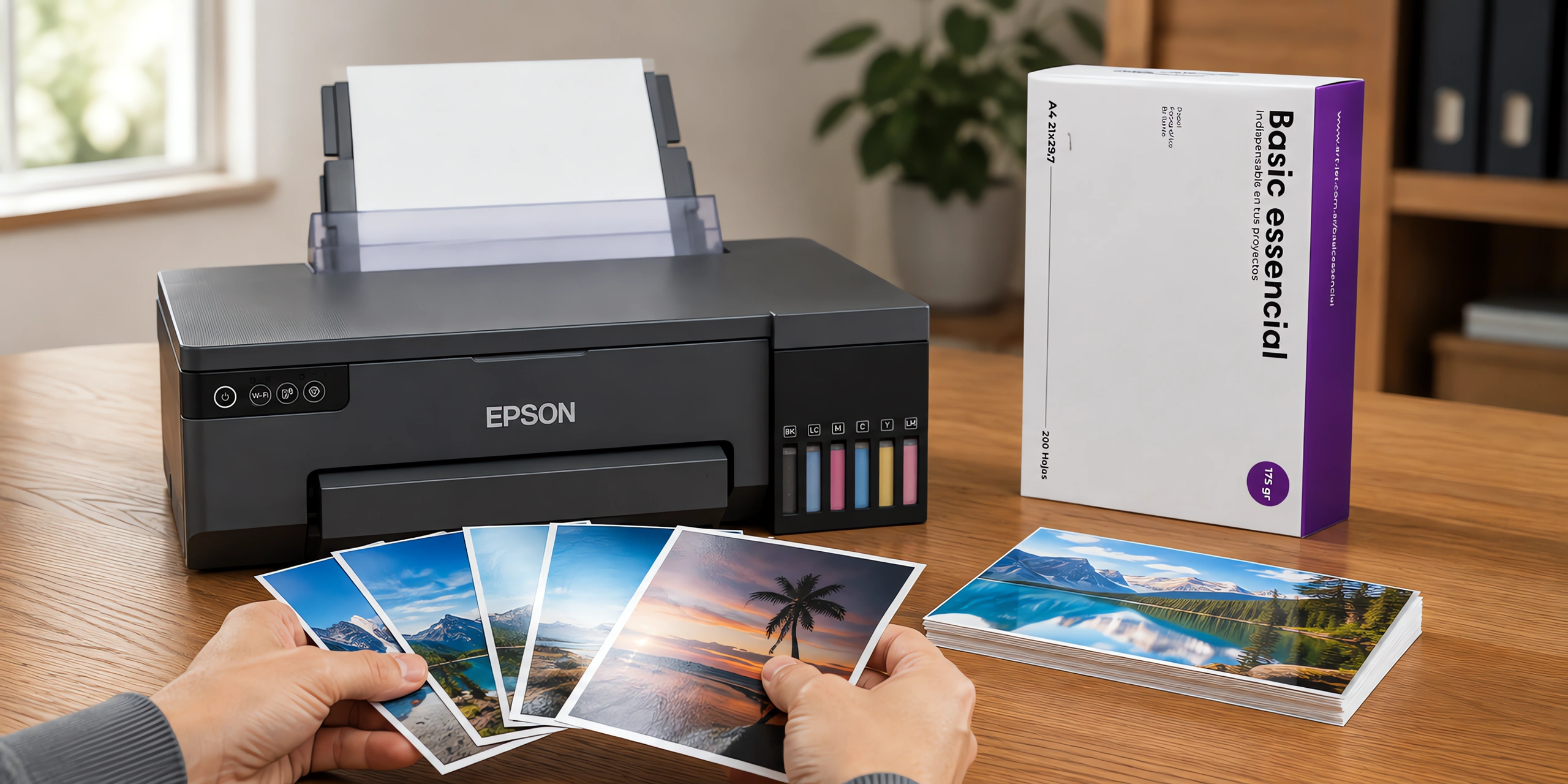 Fotos brillantes recién impresas sobre el escritorio junto a la caja de papel fotográfico