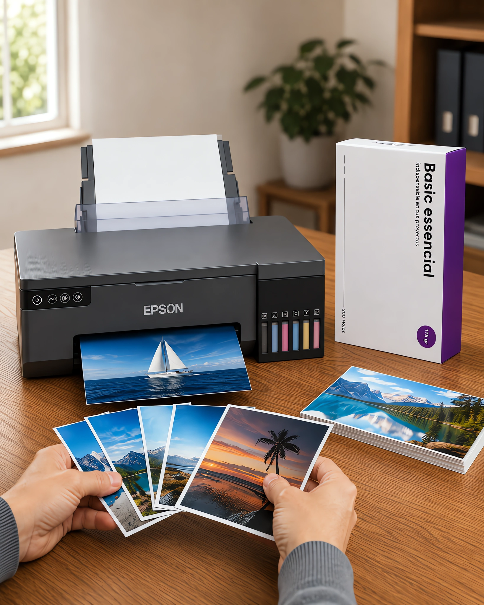 Fotos brillantes recién impresas sobre el escritorio junto a la caja de papel fotográfico