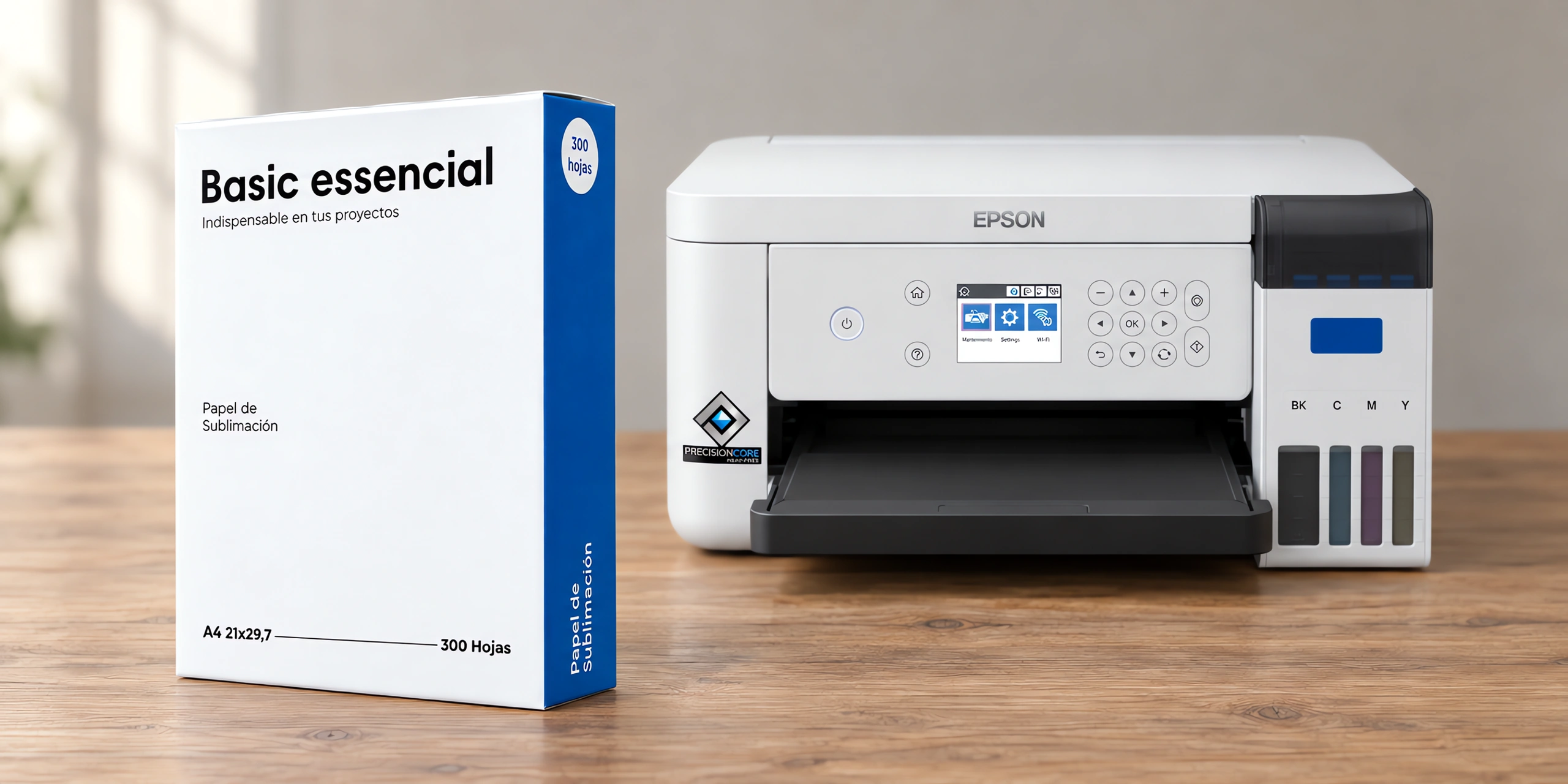 Caja de 300 hojas de papel para sublimar A4, con la impresora que lo usa detrás