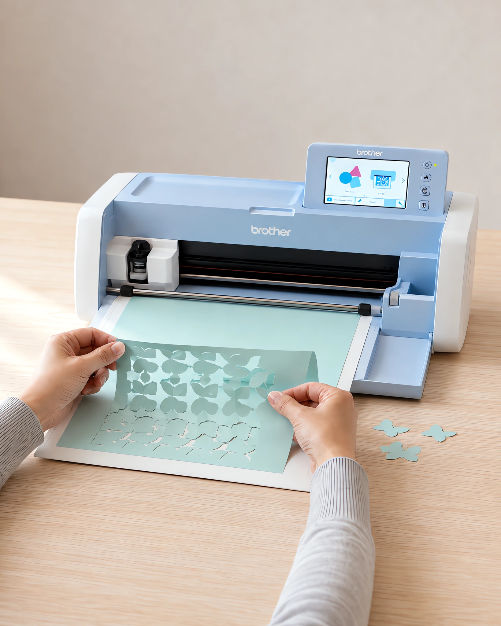 Manos retirando una plancha de stickers recién cortada del plotter de corte