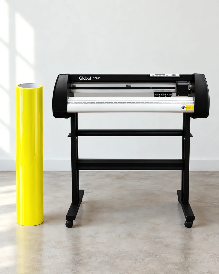 Rollo de vinilo camaleon optica amarillo, parado junto al plóter de corte