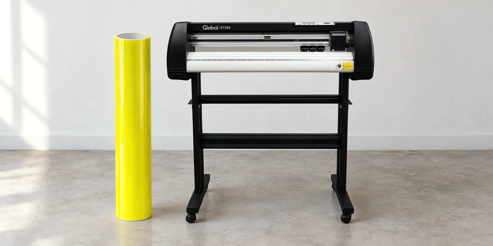 Rollo de vinilo camaleon optica amarillo, parado junto al plóter de corte