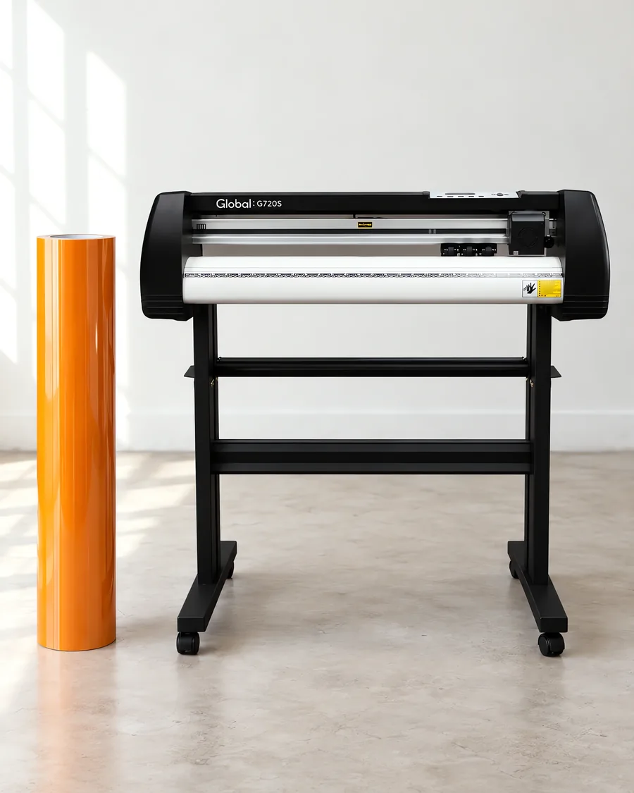 Rollo de vinilo camaleon optica naranja, parado junto al plóter de corte