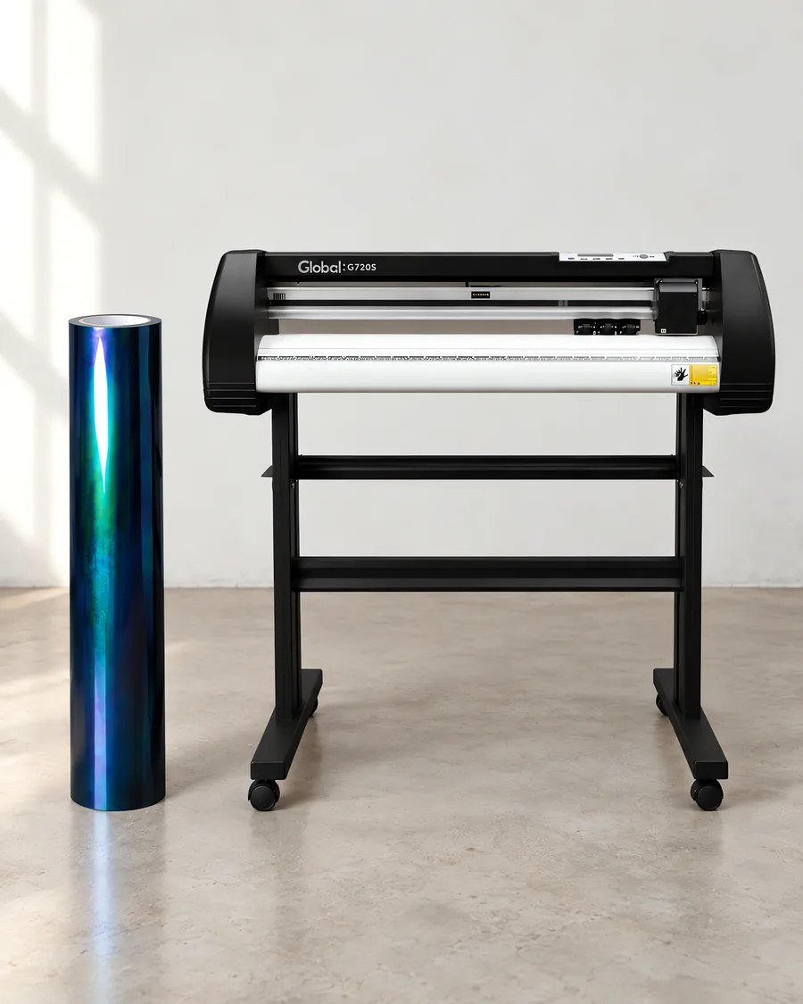 Rollo de vinilo camaleon optica negro, parado junto al plóter de corte