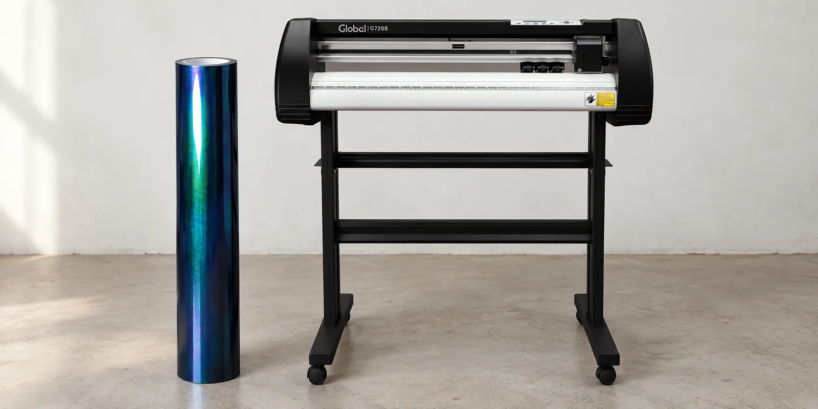 Rollo de vinilo camaleon optica negro, parado junto al plóter de corte