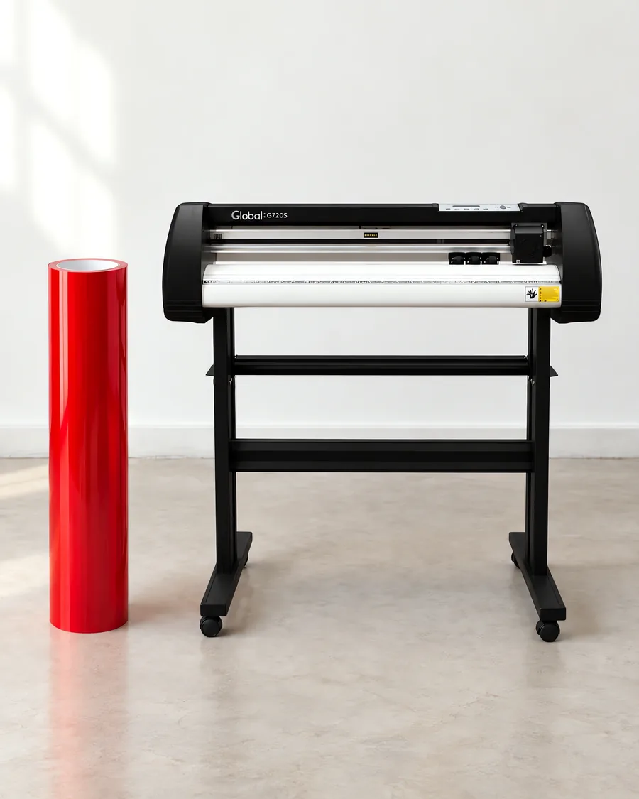 Rollo de vinilo camaleon optica rojo, parado junto al plóter de corte