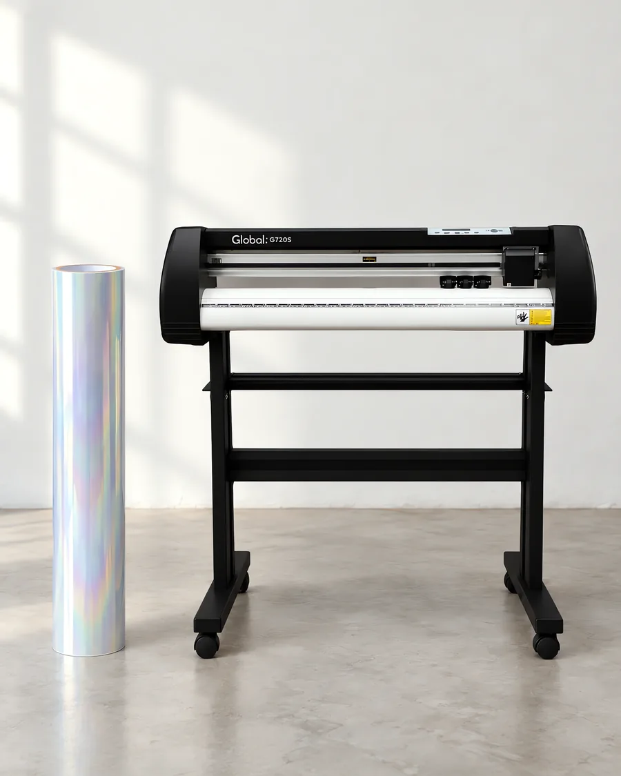 Rollo de vinilo camaleon optica transp, parado junto al plóter de corte