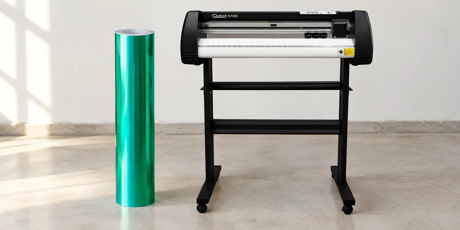 Rollo de vinilo camaleon optica verde oscuro, parado junto al plóter de corte