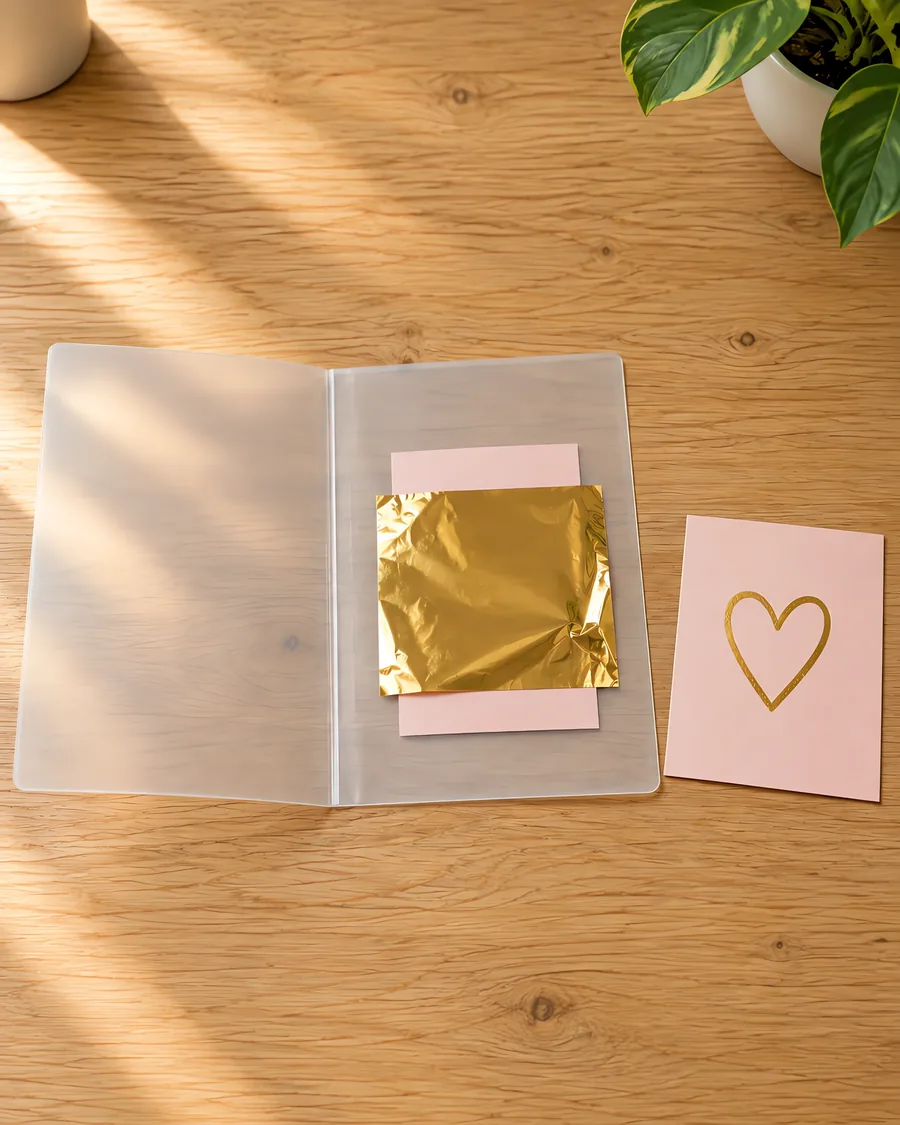 Carpeta de transferencia transparente con una tarjeta y foil dorado, y la tarjeta terminada al lado