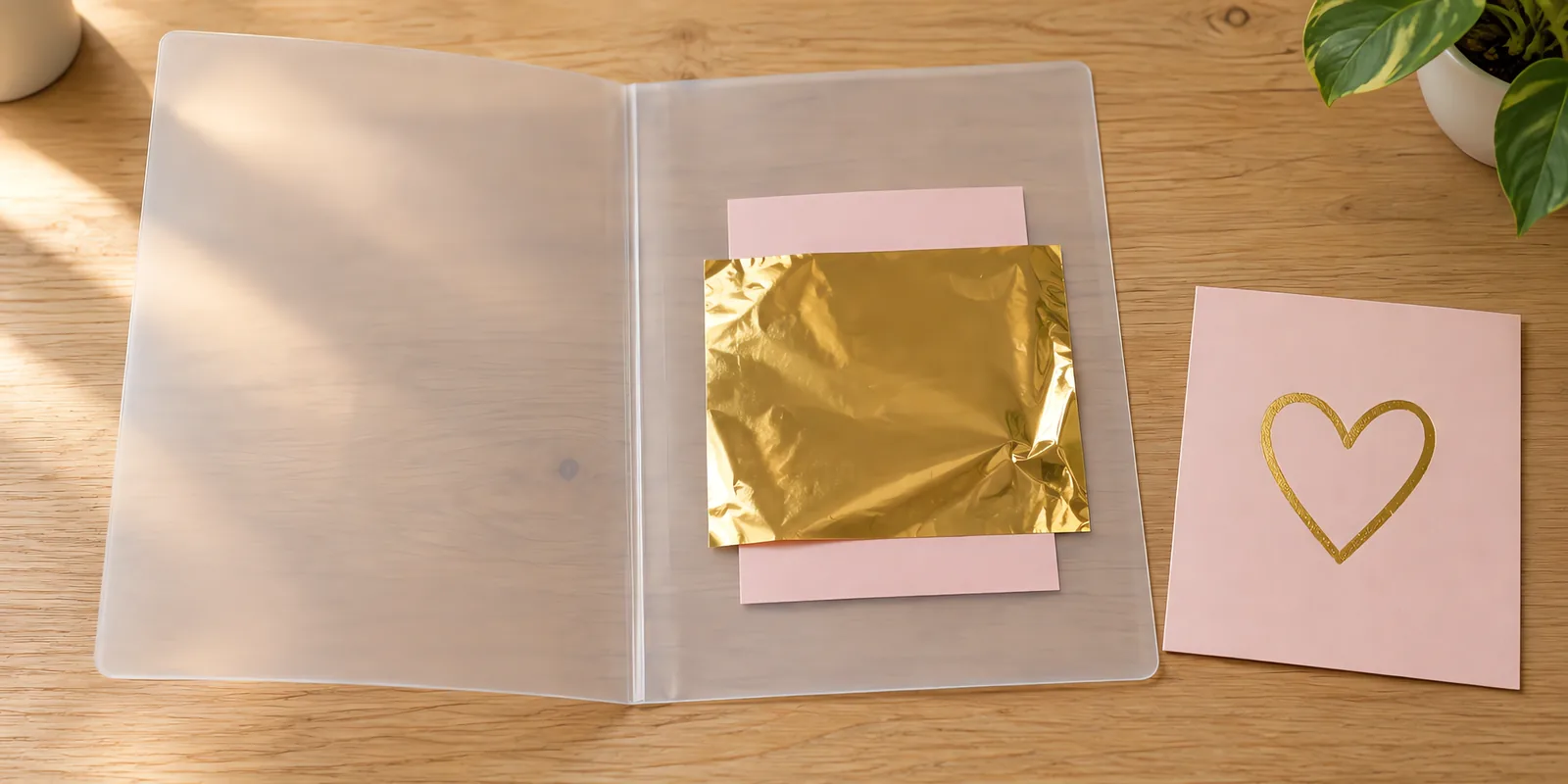 Carpeta de transferencia transparente con una tarjeta y foil dorado, y la tarjeta terminada al lado