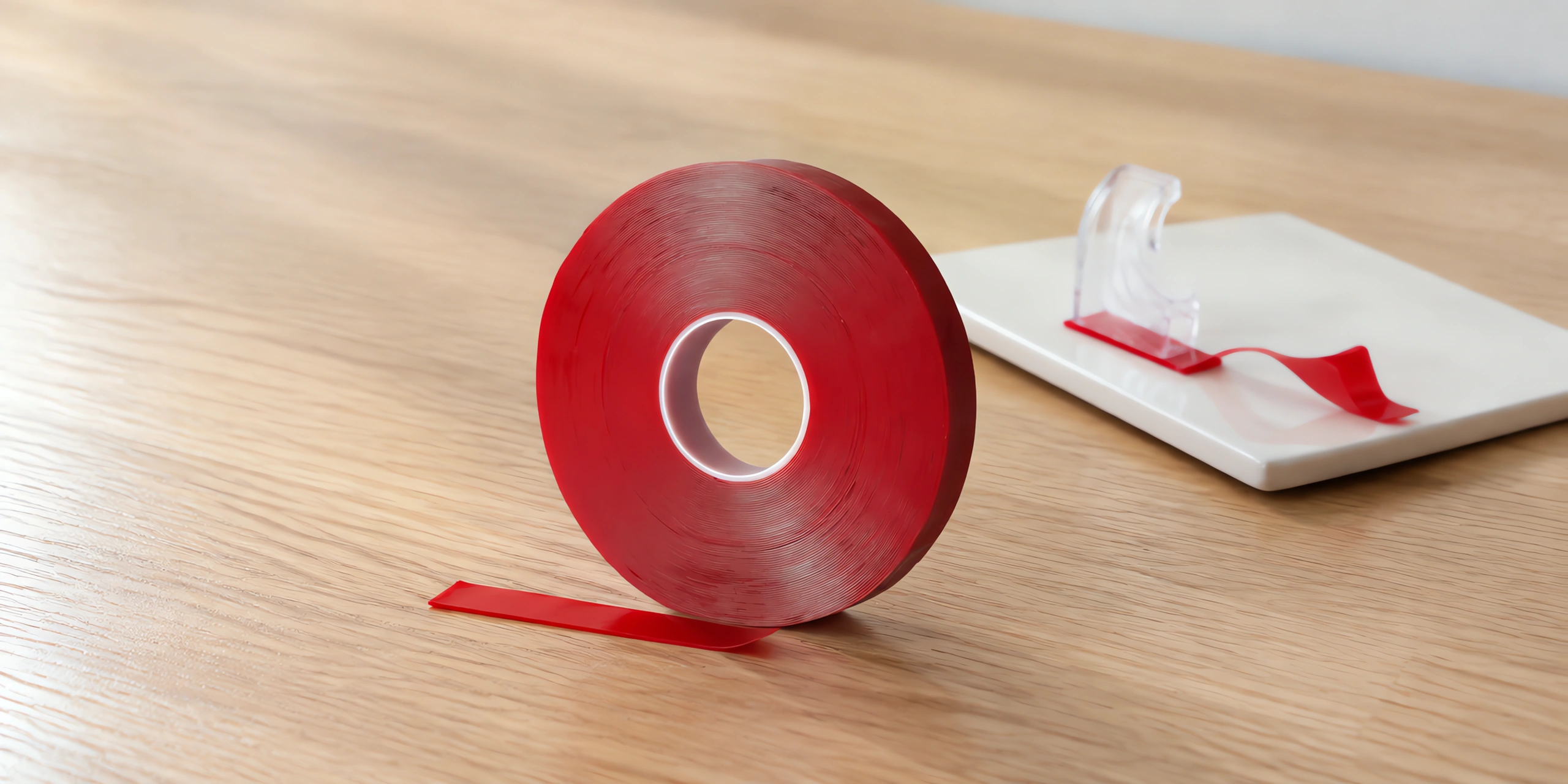 Rollo de cinta doble faz acrílica de 12 mm de pie sobre la mesa, con un tramo aplicado al lado