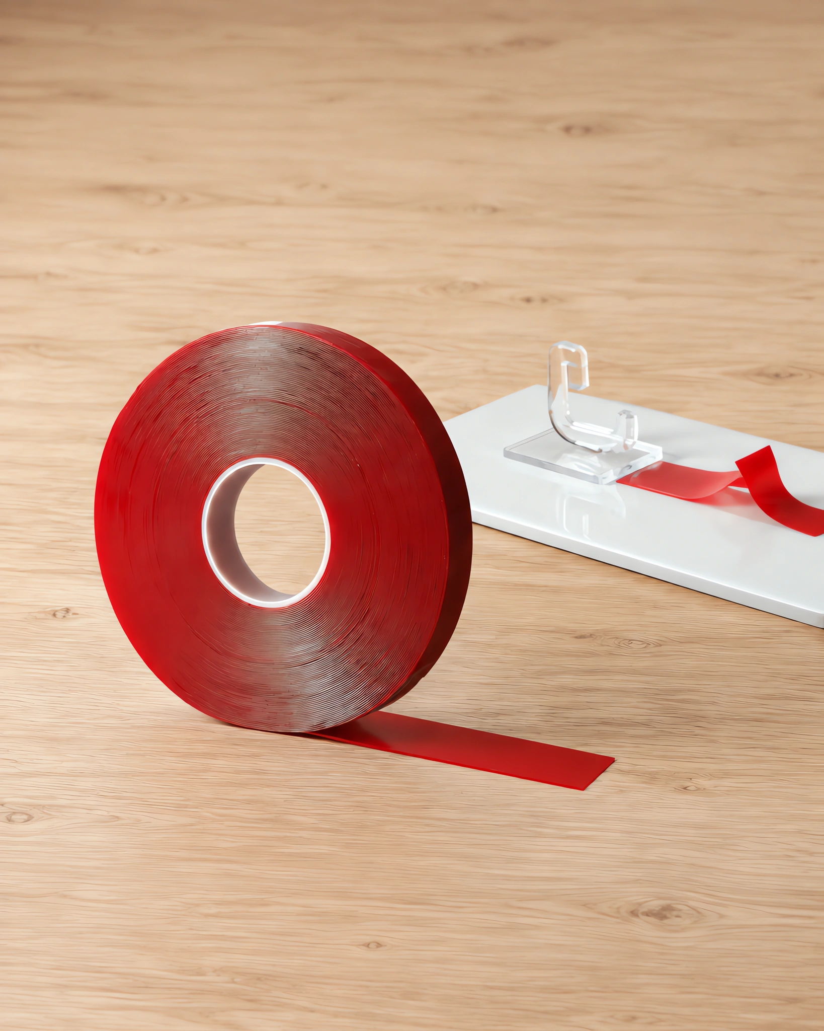 Rollo de cinta doble faz acrílica de 24 mm de pie sobre la mesa, con un tramo aplicado al lado