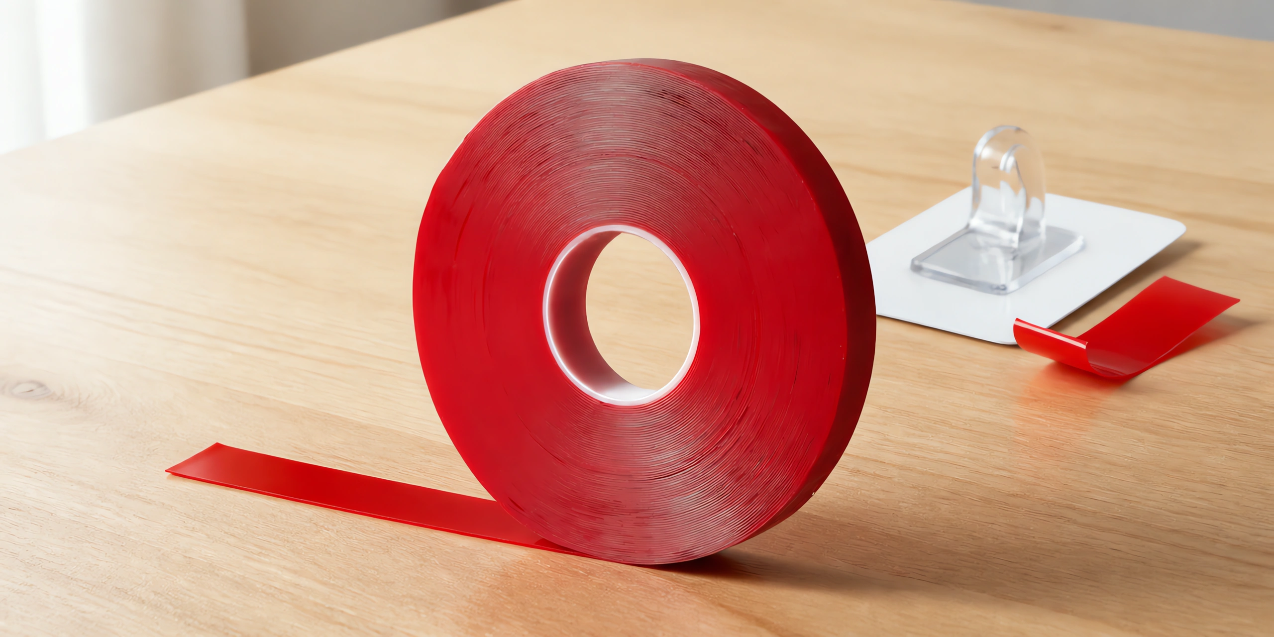 Rollo de cinta doble faz acrílica de 30 mm de pie sobre la mesa, con un tramo aplicado al lado