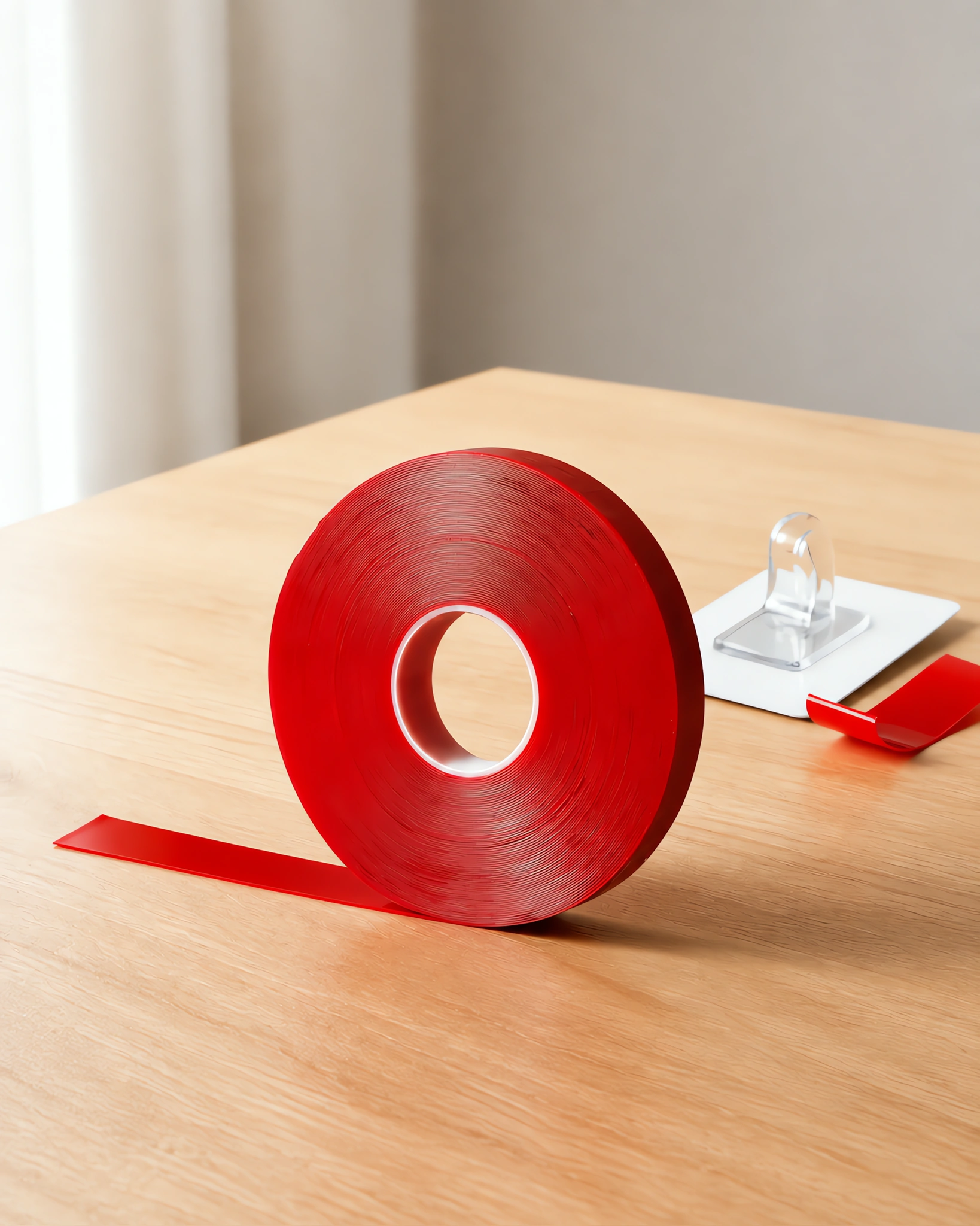 Rollo de cinta doble faz acrílica de 30 mm de pie sobre la mesa, con un tramo aplicado al lado