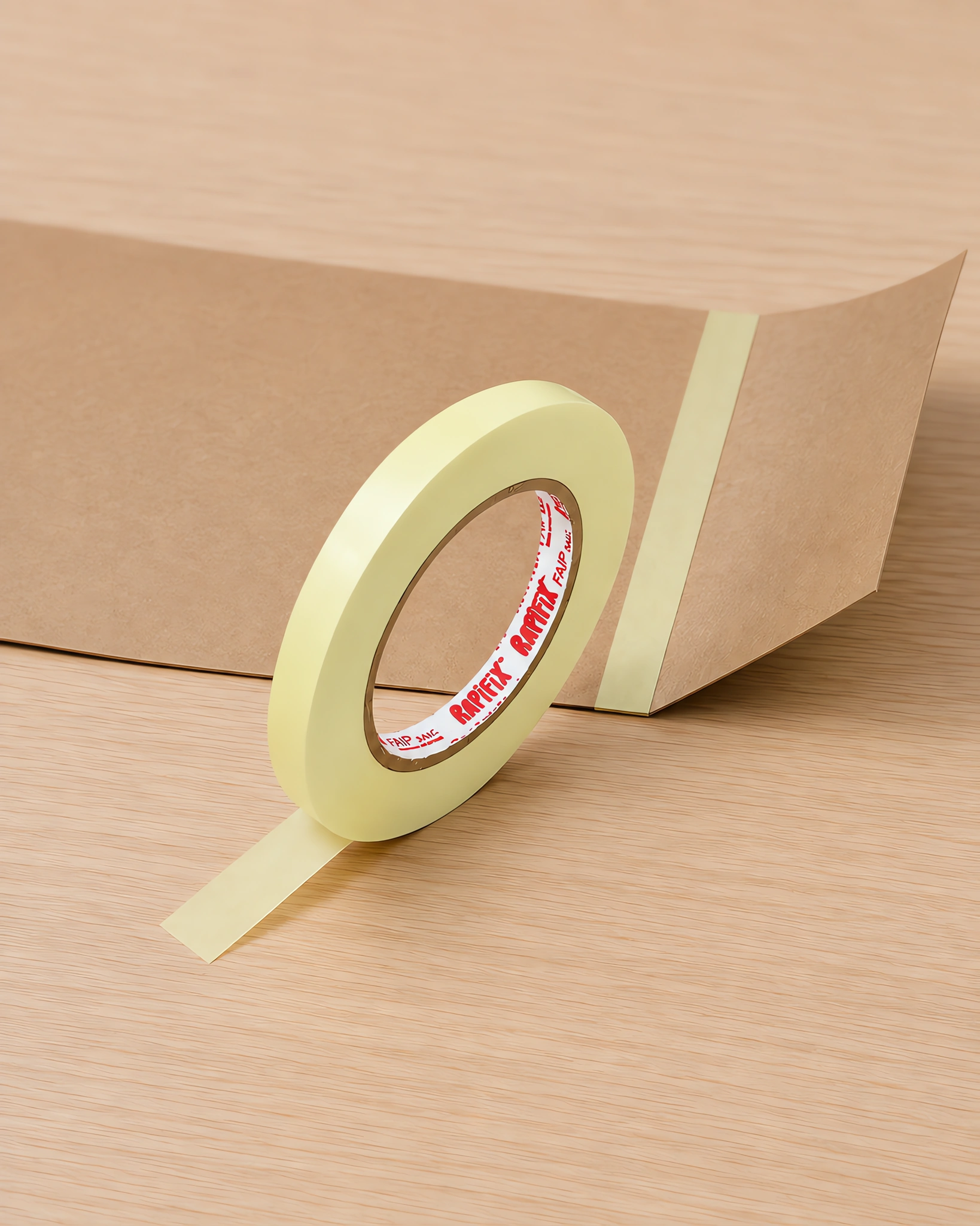 Rollo de cinta bifaz de papel de 24 mm de pie sobre la mesa, con un tramo aplicado al lado