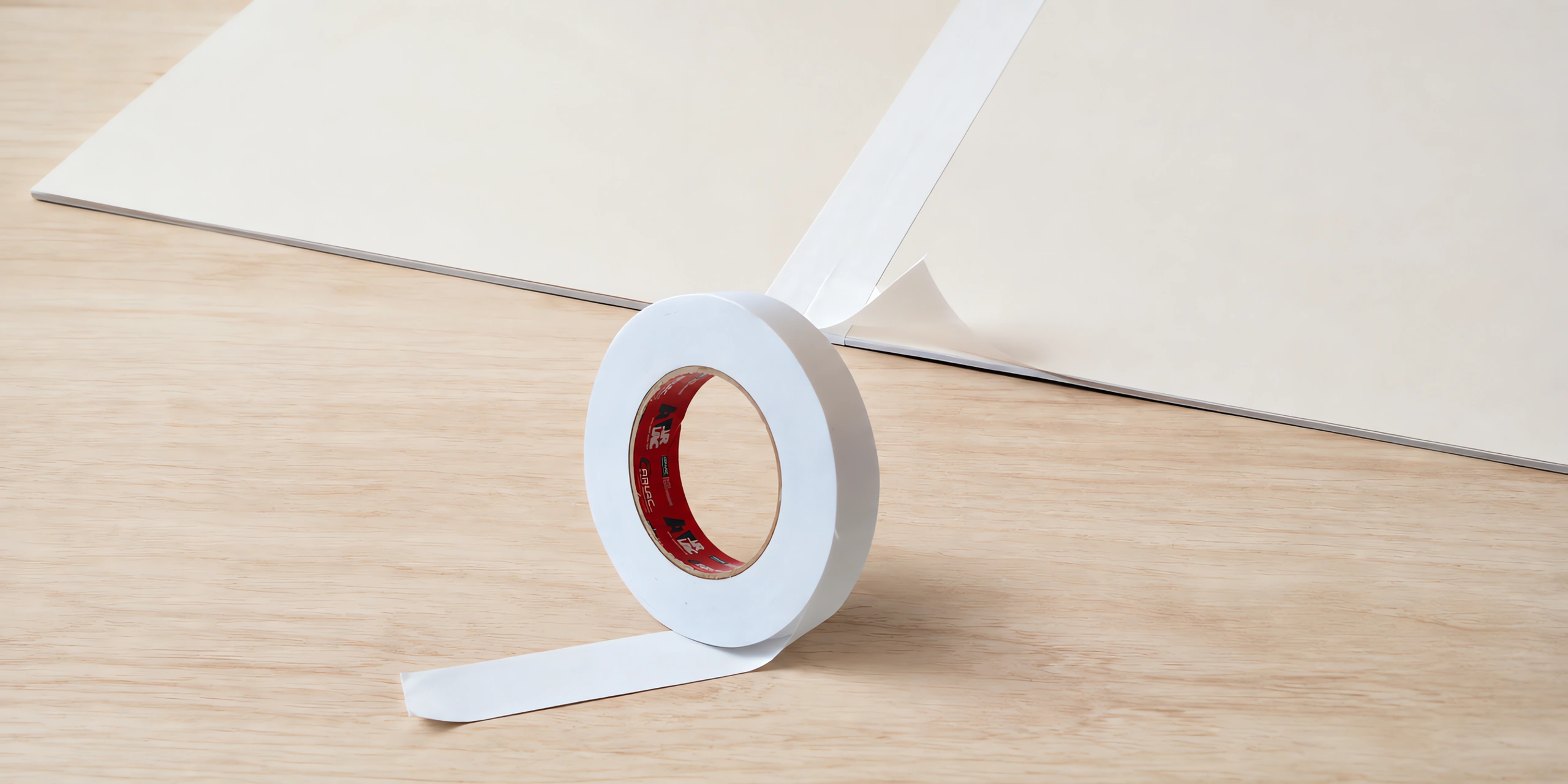 Rollo de cinta doble faz de papel de 24 mm de pie sobre la mesa, con un tramo aplicado al lado