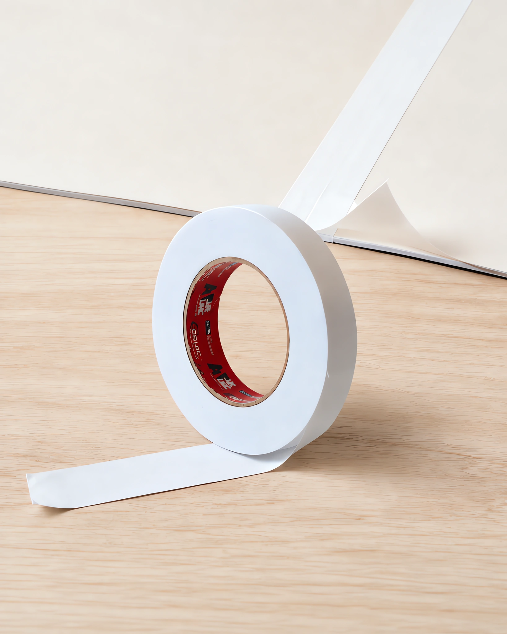 Rollo de cinta doble faz de papel de 24 mm de pie sobre la mesa, con un tramo aplicado al lado