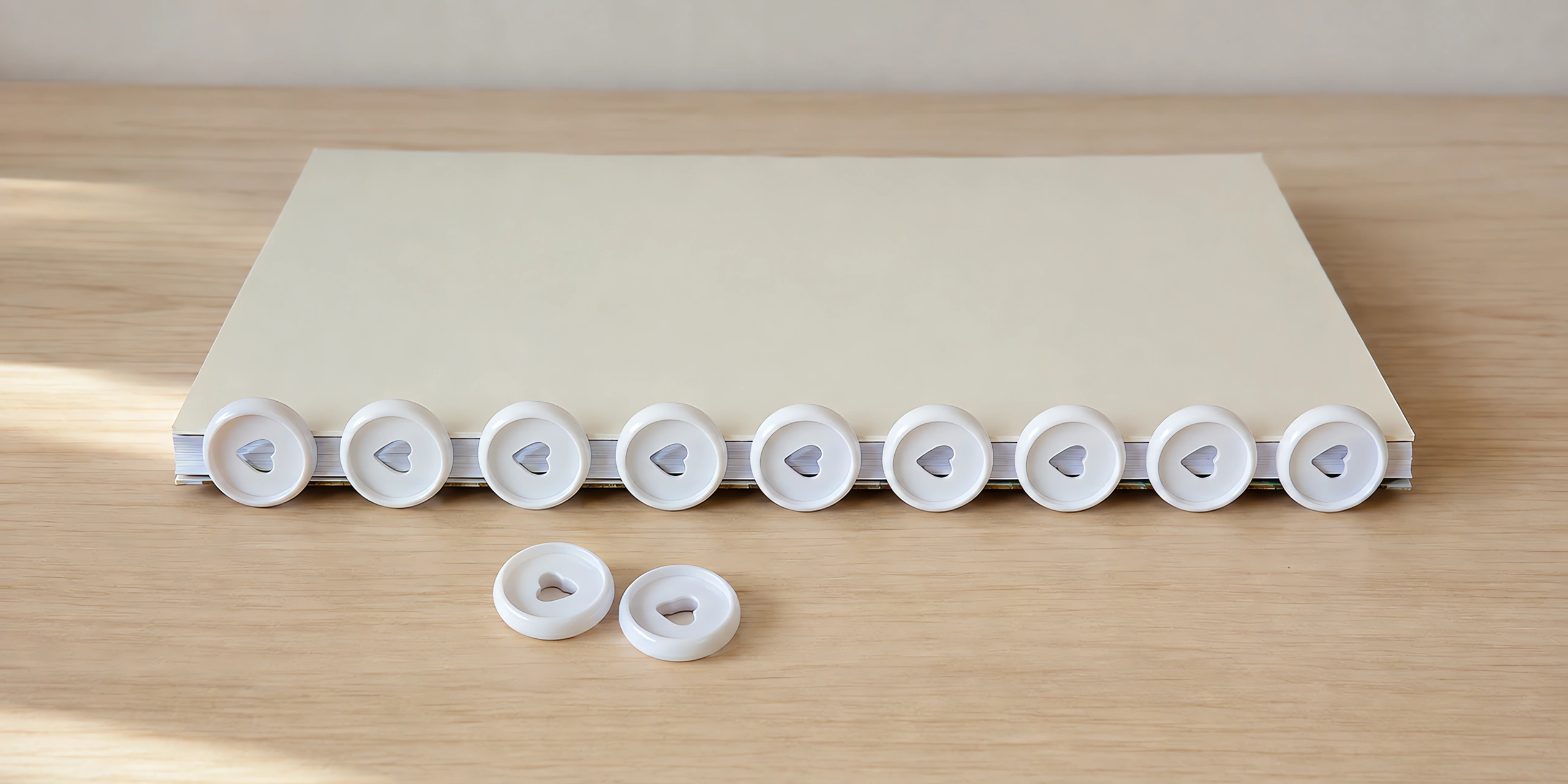 Discos de expansión blanco de 24 mm puestos en el lomo de un cuaderno, con dos discos sueltos delante