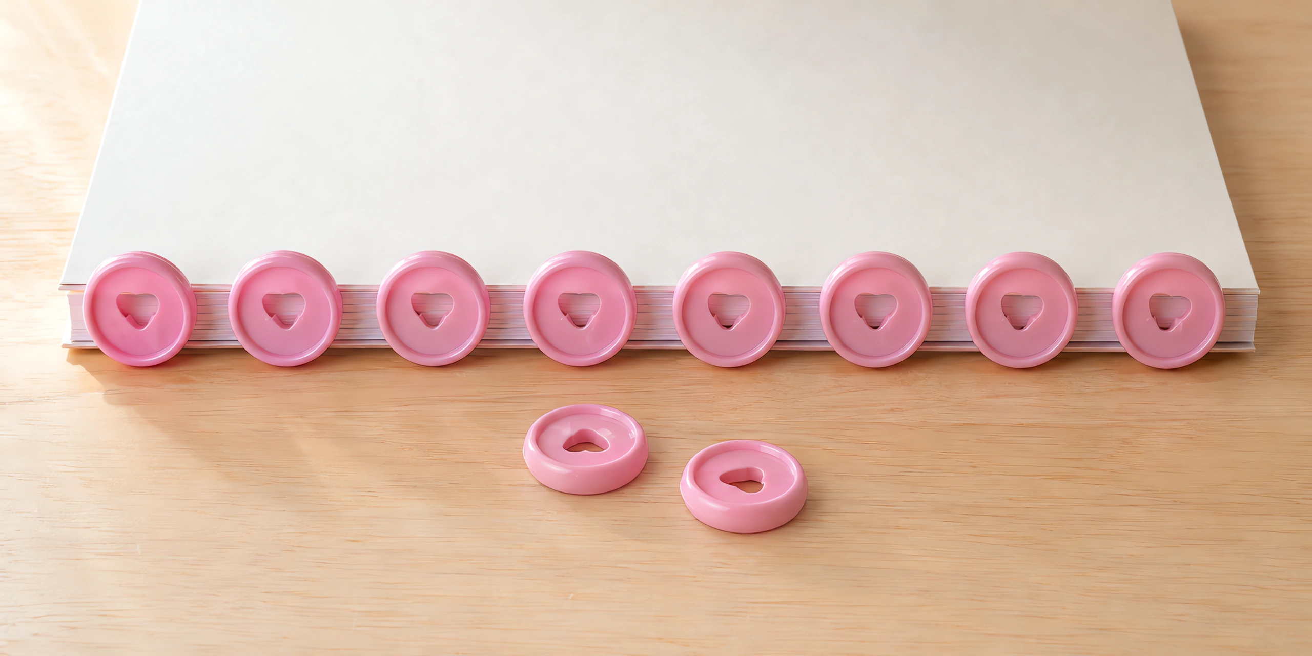 Discos de expansión rosa de 24 mm puestos en el lomo de un cuaderno, con dos discos sueltos delante