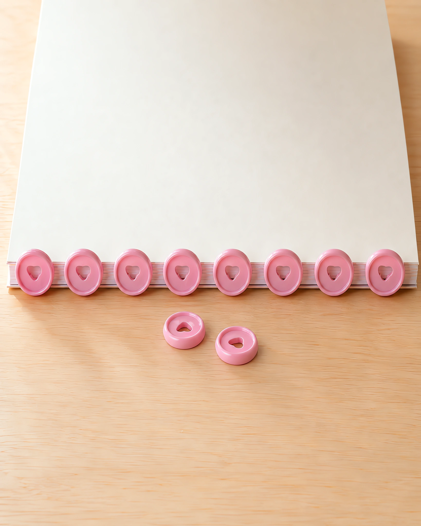 Discos de expansión rosa de 24 mm puestos en el lomo de un cuaderno, con dos discos sueltos delante