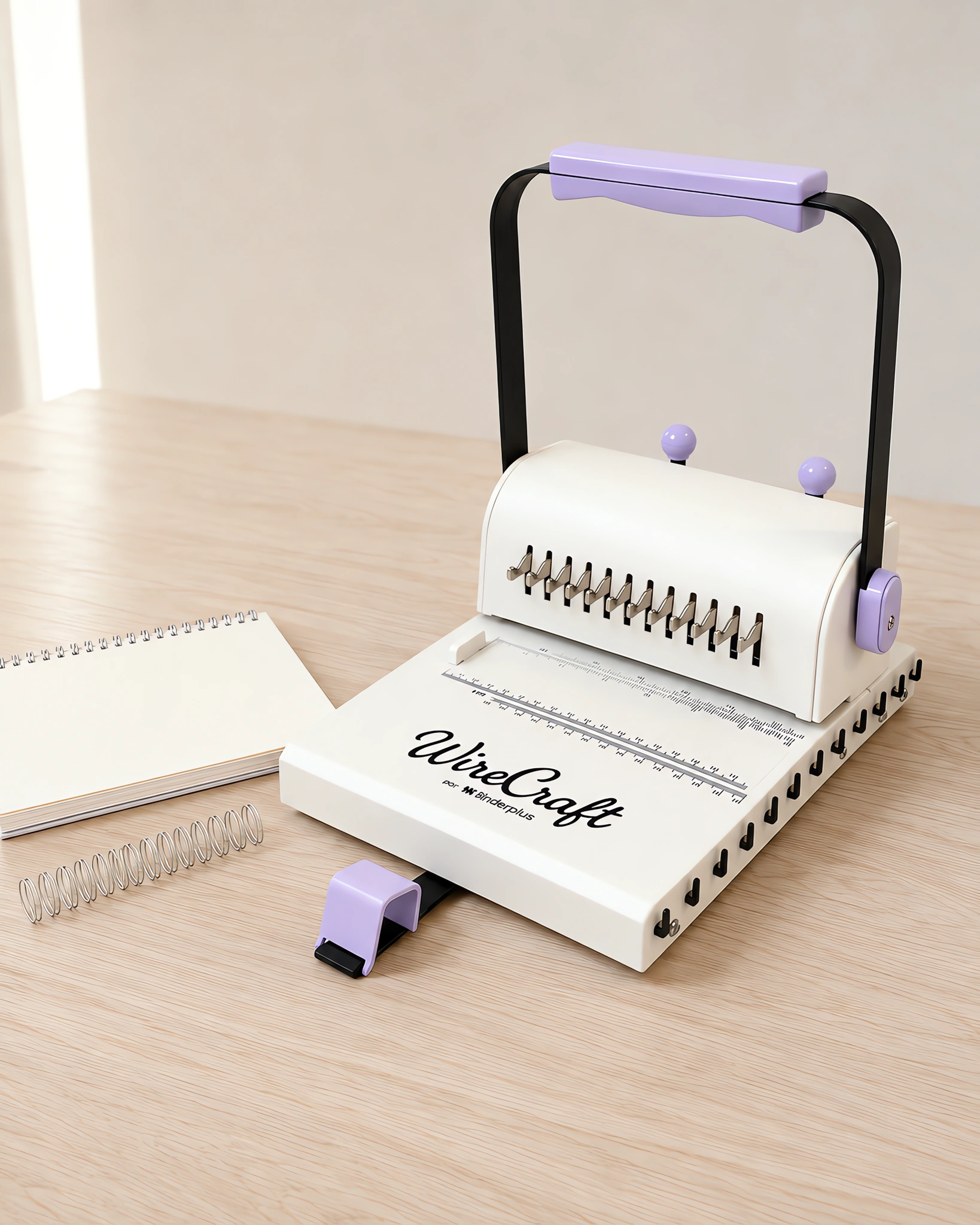 Anilladora de alambre lila sobre la mesa, con un cuaderno anillado al lado