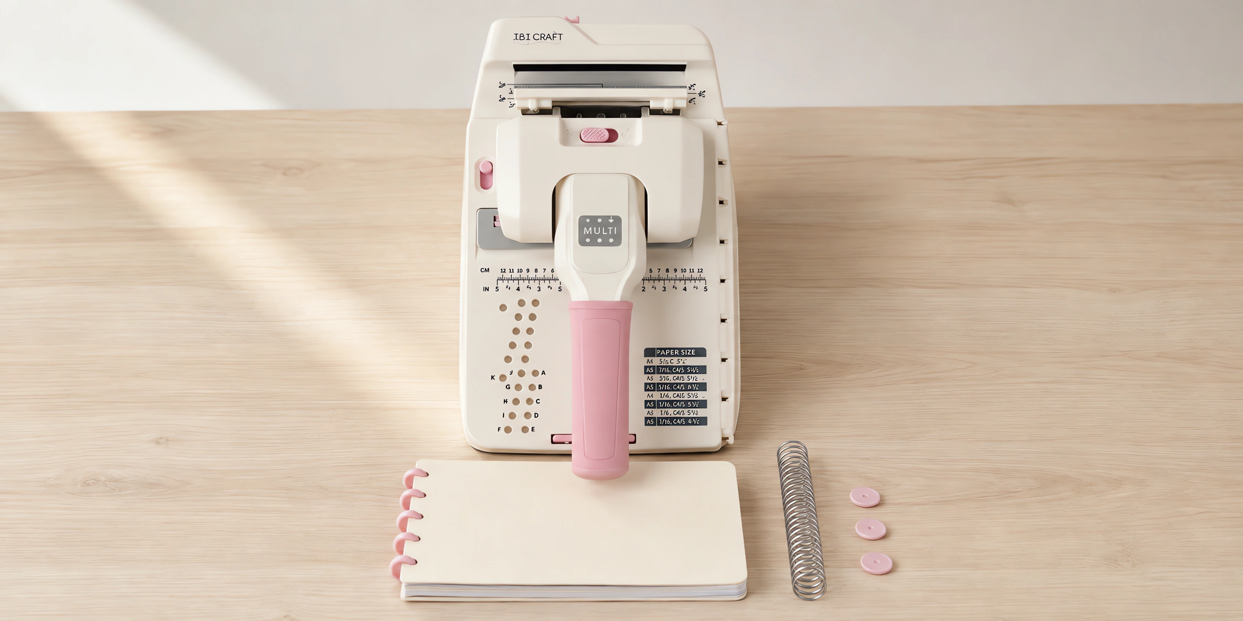 Encuadernadora de cartuchos con mango rosa sobre la mesa, con un cuaderno al lado