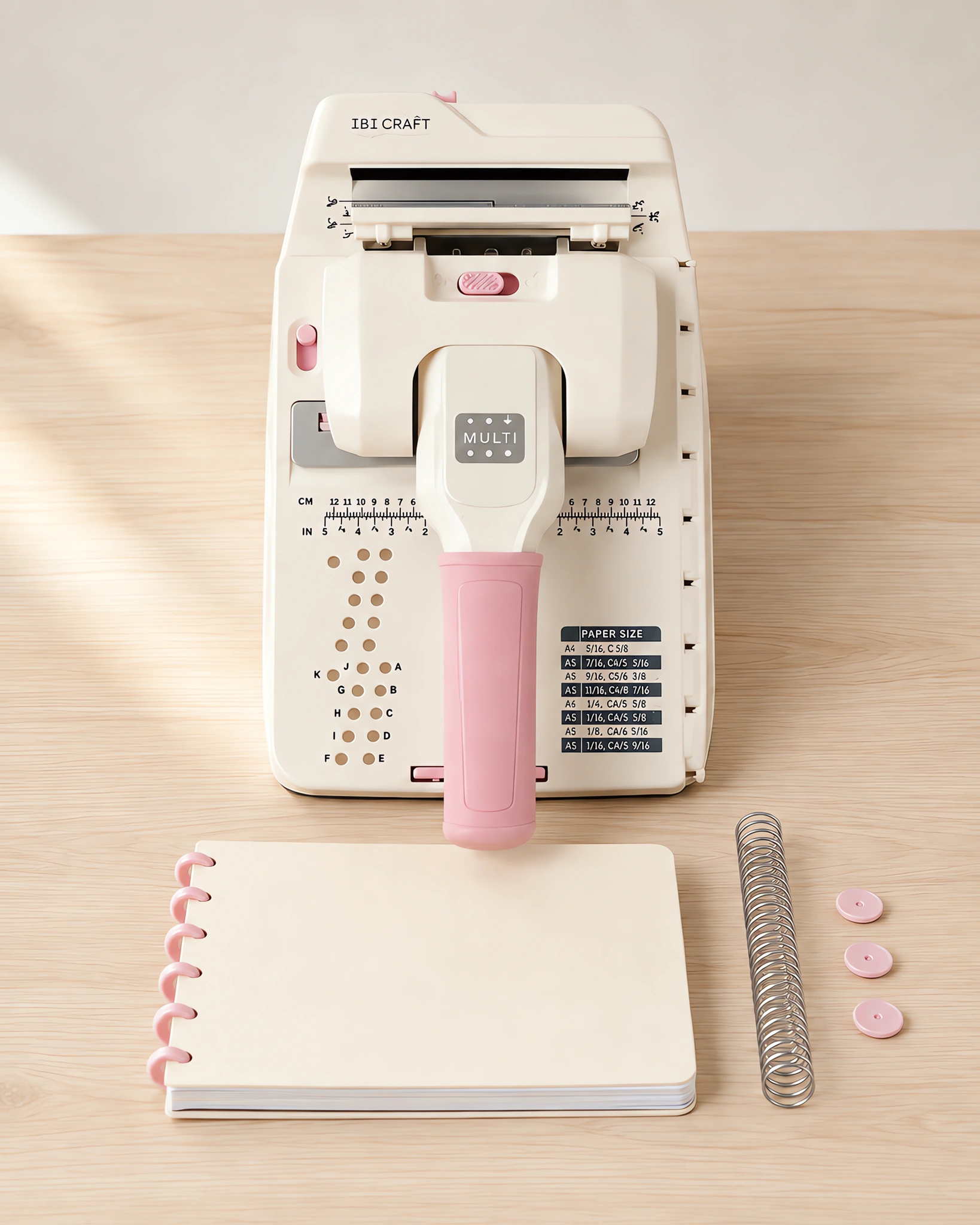 Encuadernadora de cartuchos con mango rosa sobre la mesa, con un cuaderno al lado