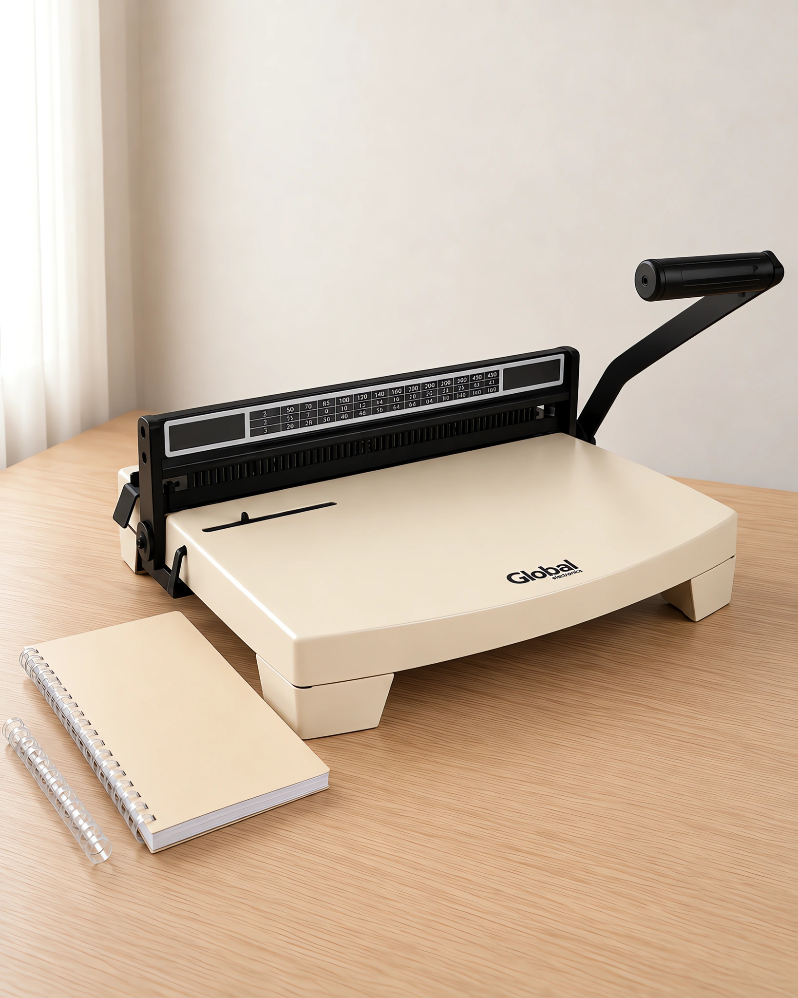 Espiraladora crema sobre la mesa, con un cuaderno espiralado al lado
