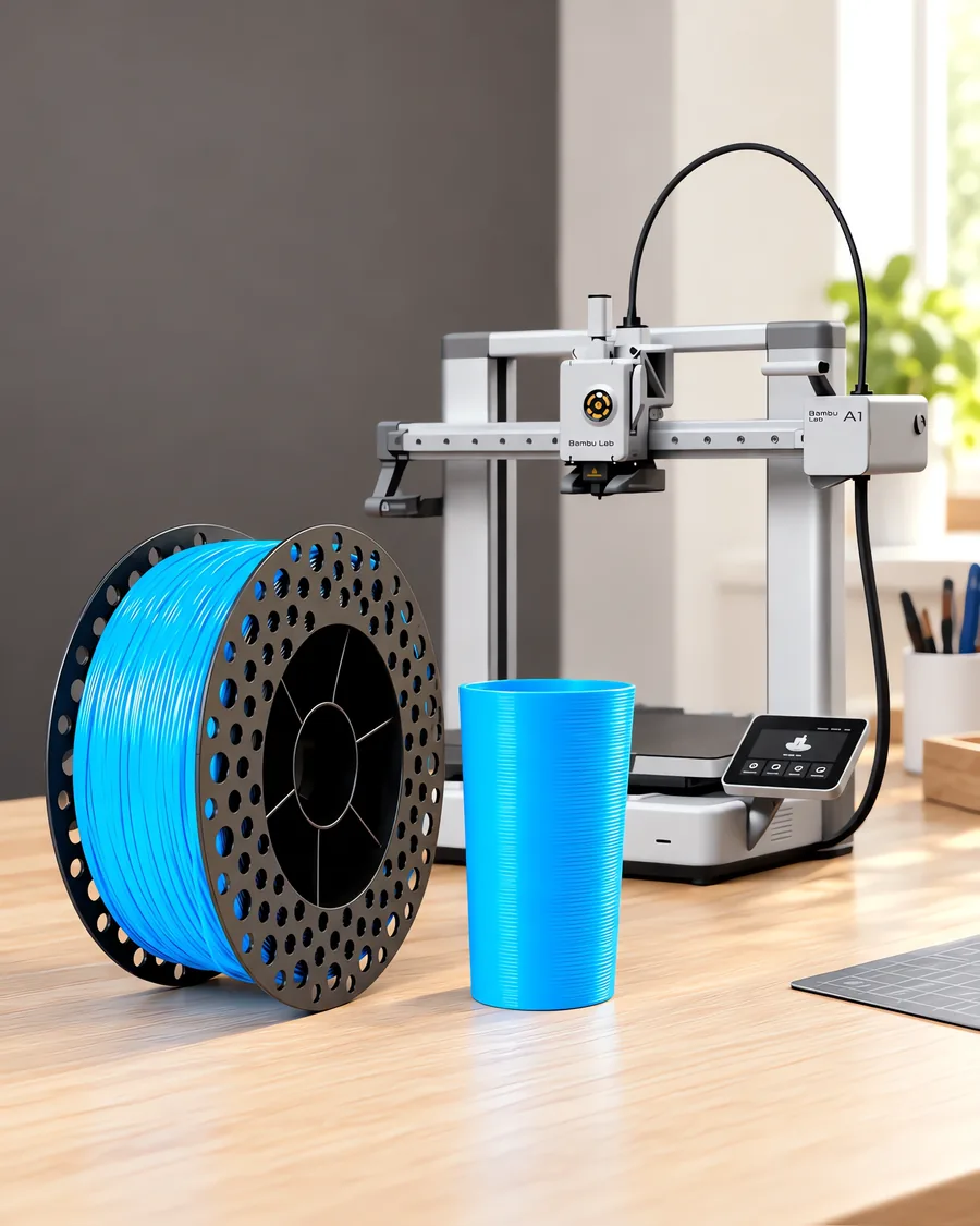 Carretel de filamento epet azul traful sobre una mesa de roble claro, con una impresora 3D detrás y un vaso impresa en el mismo color al lado.