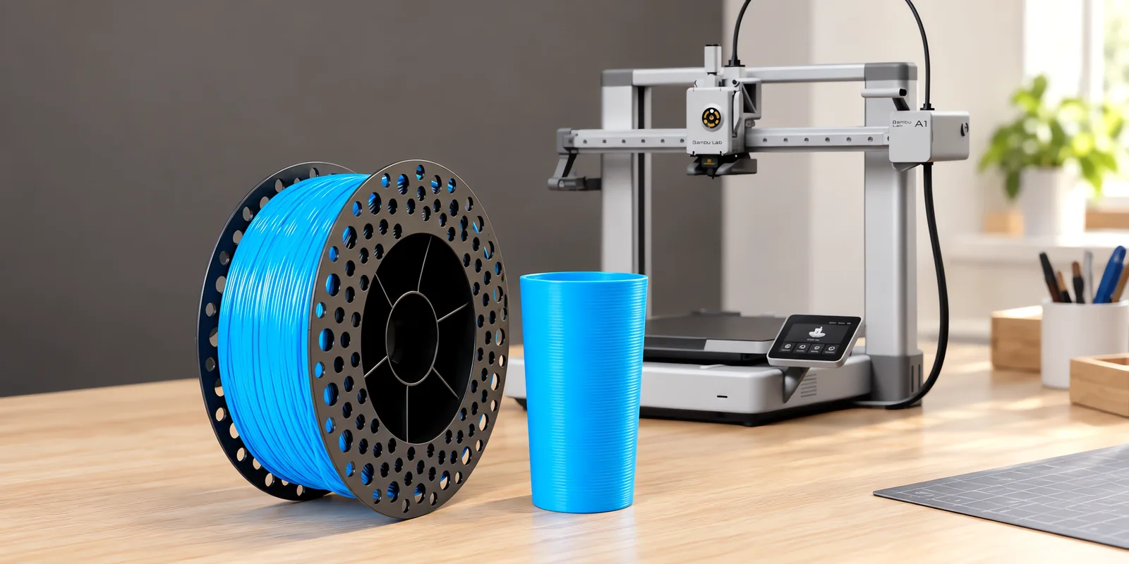 Carretel de filamento epet azul traful sobre una mesa de roble claro, con una impresora 3D detrás y un vaso impresa en el mismo color al lado.