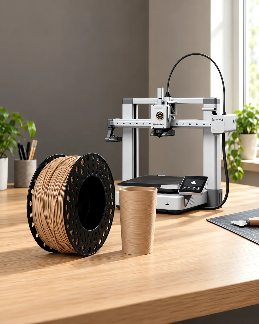 Carretel de filamento epet gris espacial sobre una mesa de roble claro, con una impresora 3D detrás y un vaso impresa en el mismo color al lado.