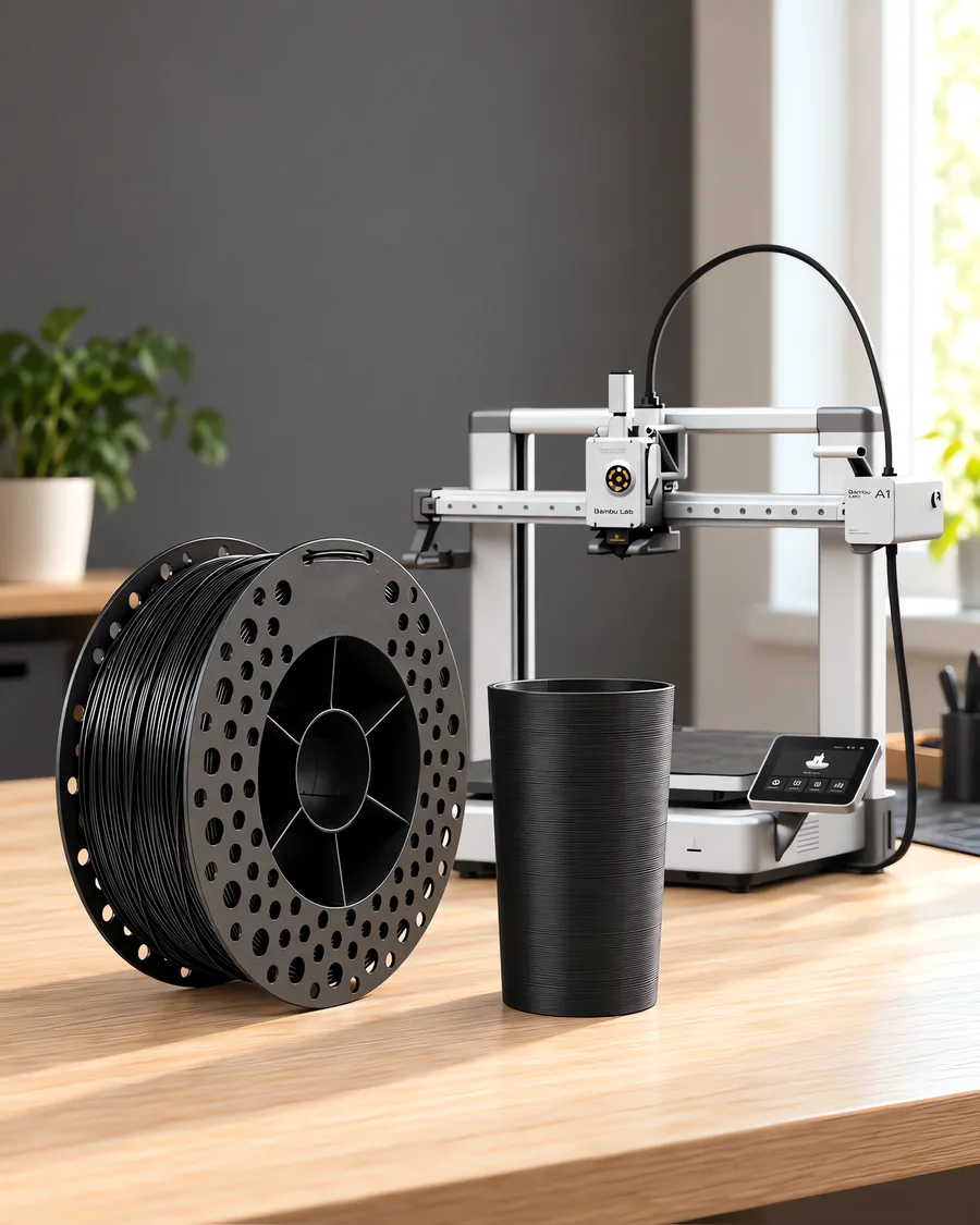 Carretel de filamento epet negro sobre una mesa de roble claro, con una impresora 3D detrás y un vaso impresa en el mismo color al lado.