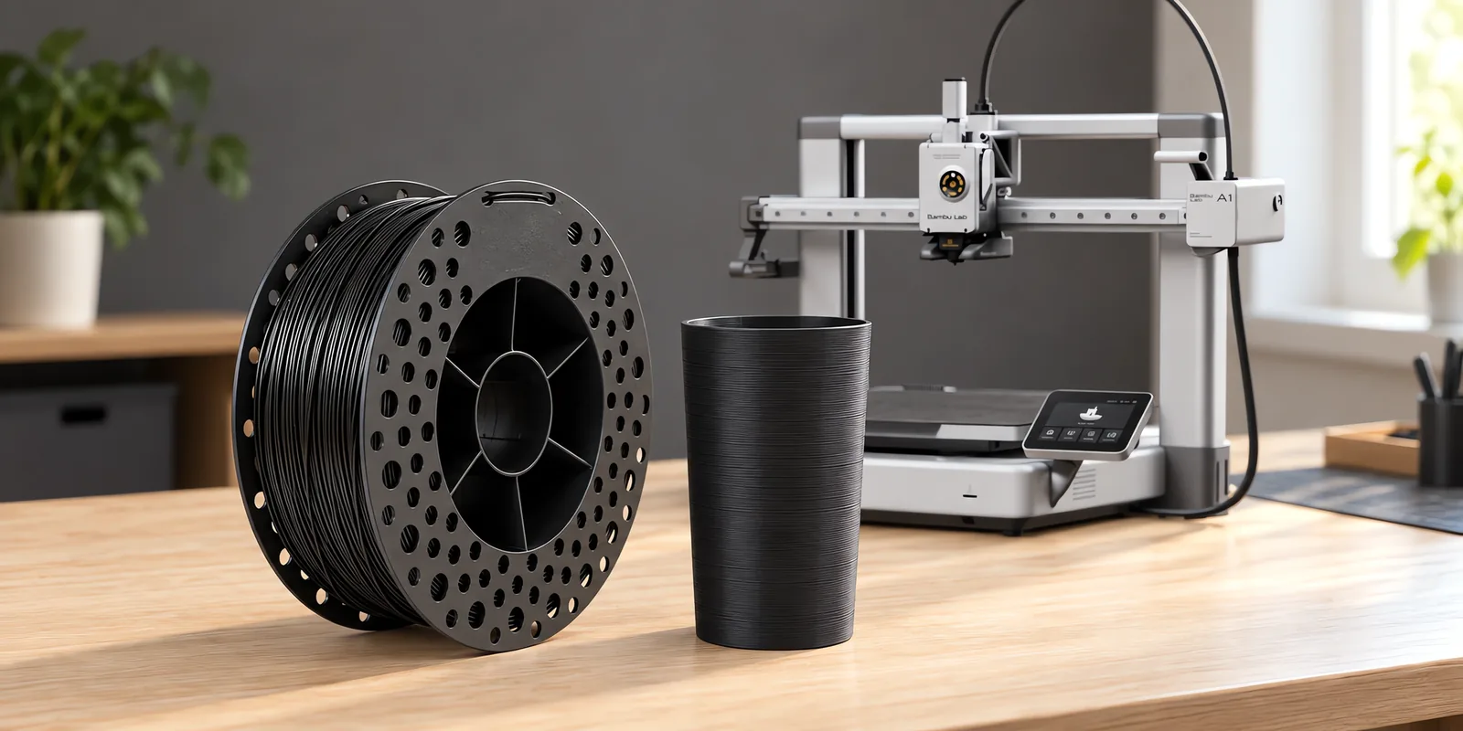 Carretel de filamento epet negro sobre una mesa de roble claro, con una impresora 3D detrás y un vaso impresa en el mismo color al lado.