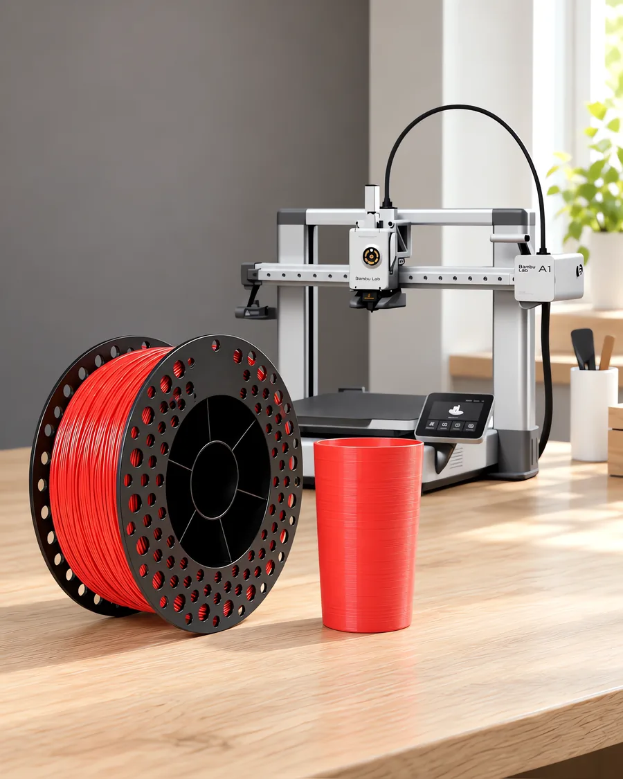 Carretel de filamento epet rojo carmin sobre una mesa de roble claro, con una impresora 3D detrás y un vaso impresa en el mismo color al lado.