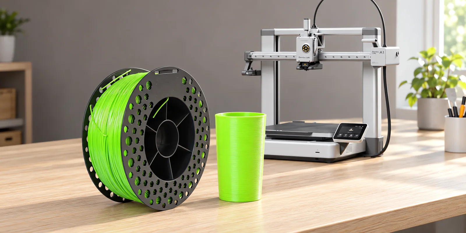 Carretel de filamento epet verde lima sobre una mesa de roble claro, con una impresora 3D detrás y un vaso impresa en el mismo color al lado.