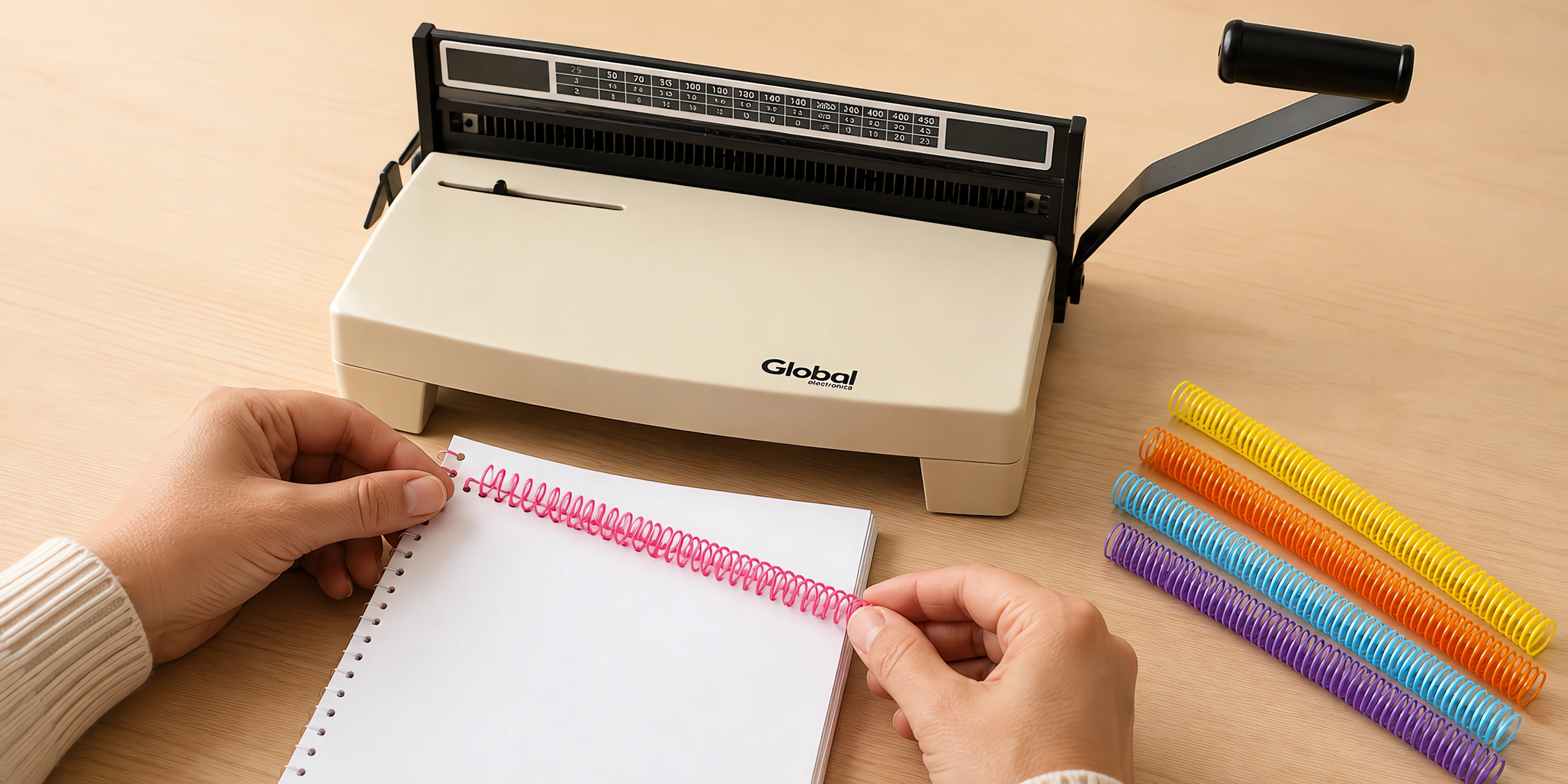 Manos enroscando un espiral de color en un cuaderno perforado, con la espiraladora detrás