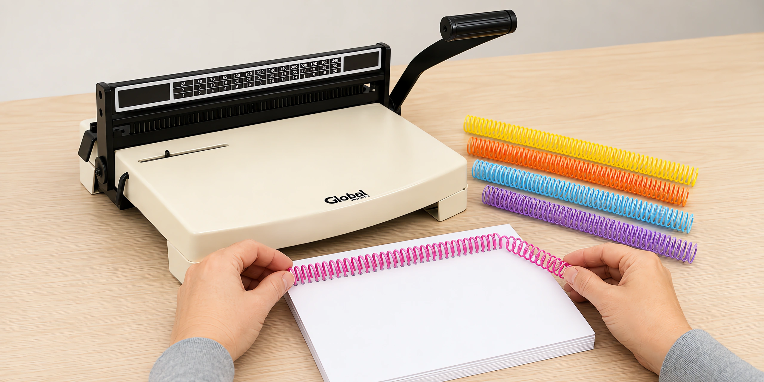 Manos enroscando un espiral de color en un cuaderno perforado, con la espiraladora detrás