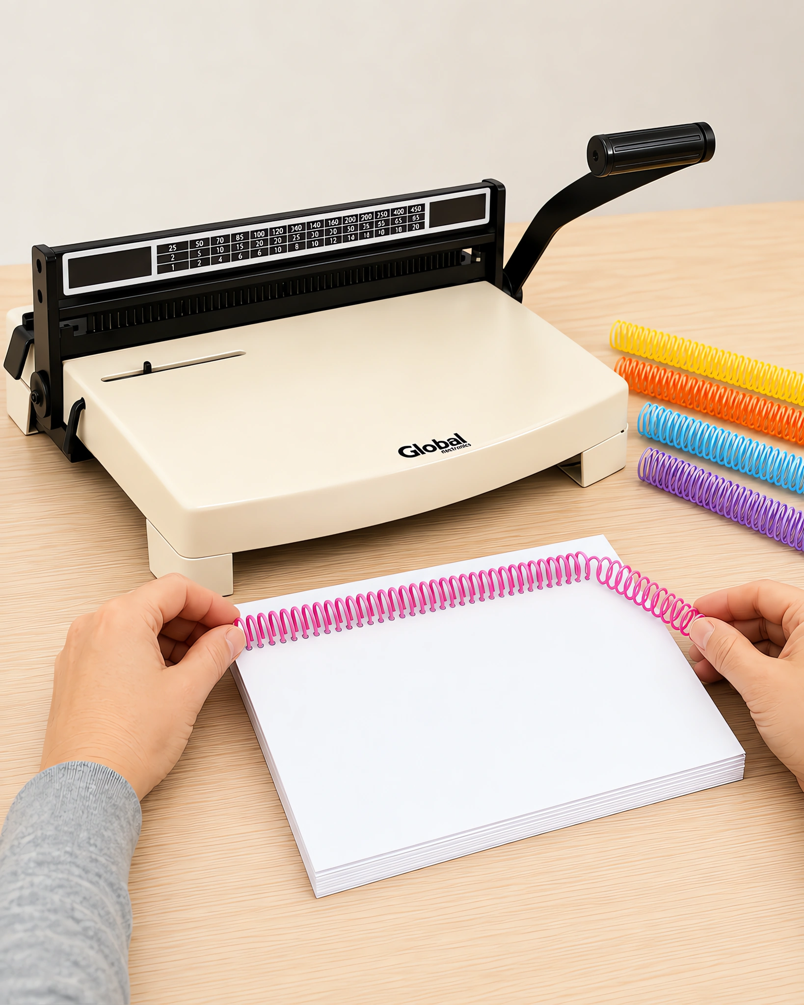 Manos enroscando un espiral de color en un cuaderno perforado, con la espiraladora detrás