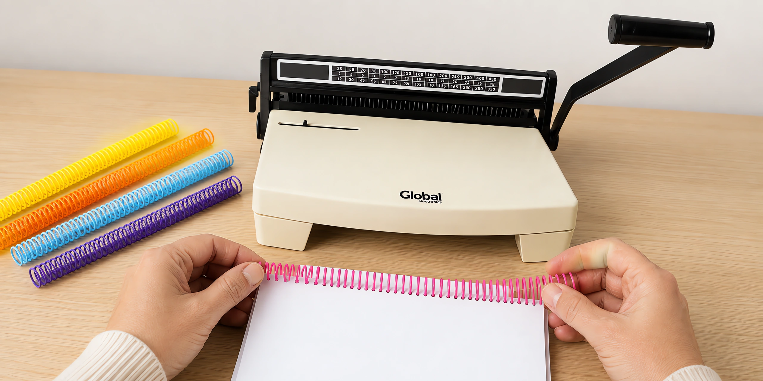 Manos enroscando un espiral de color en un cuaderno perforado, con la espiraladora detrás