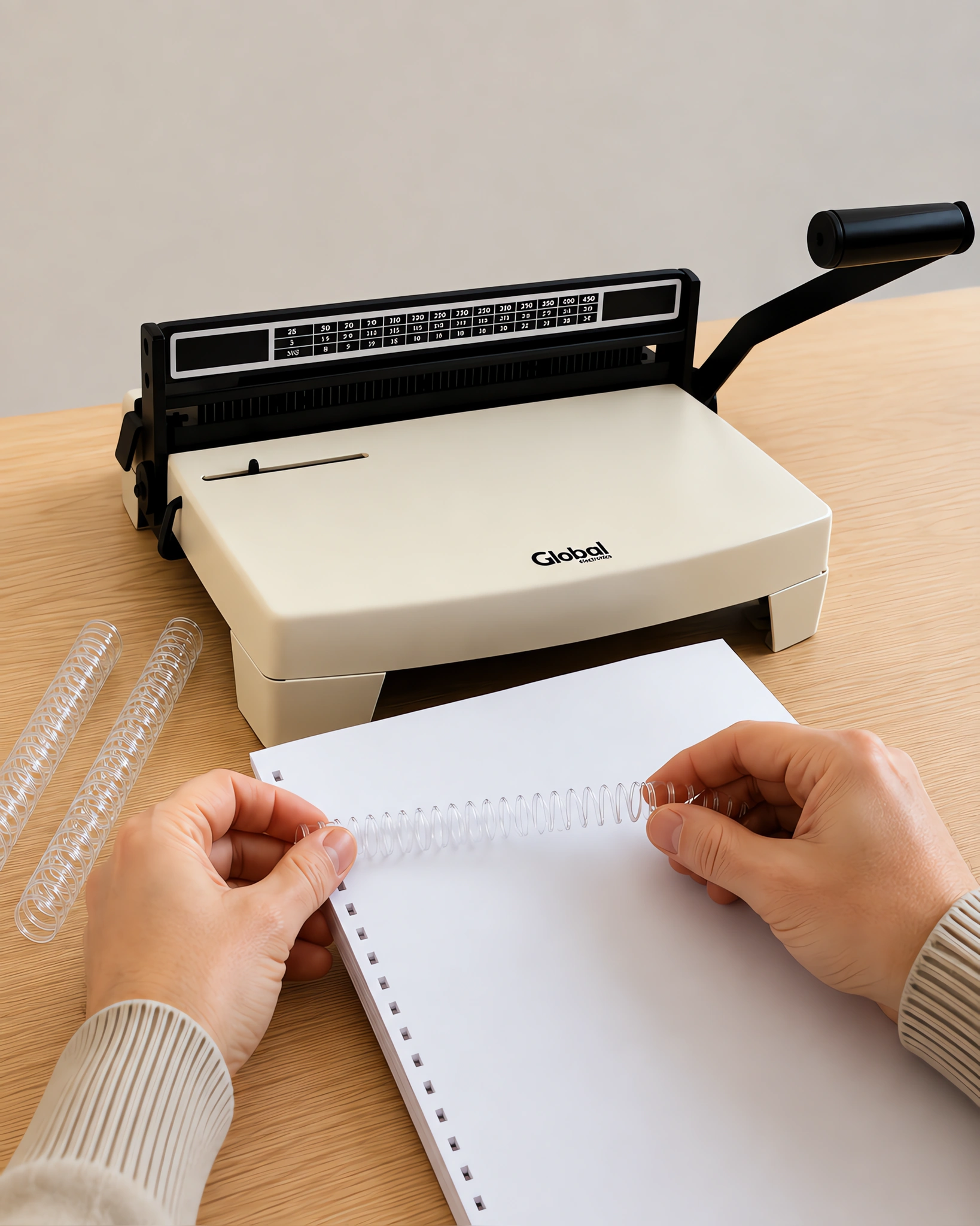 Manos enroscando el espiral plástico en un cuaderno perforado