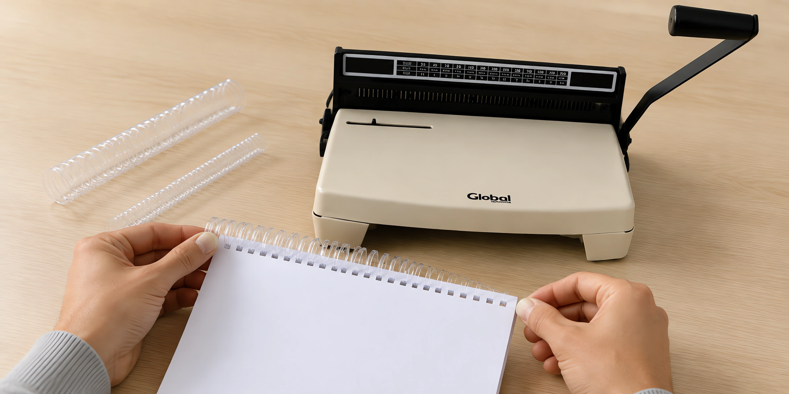 Manos enroscando el espiral plástico en un cuaderno perforado
