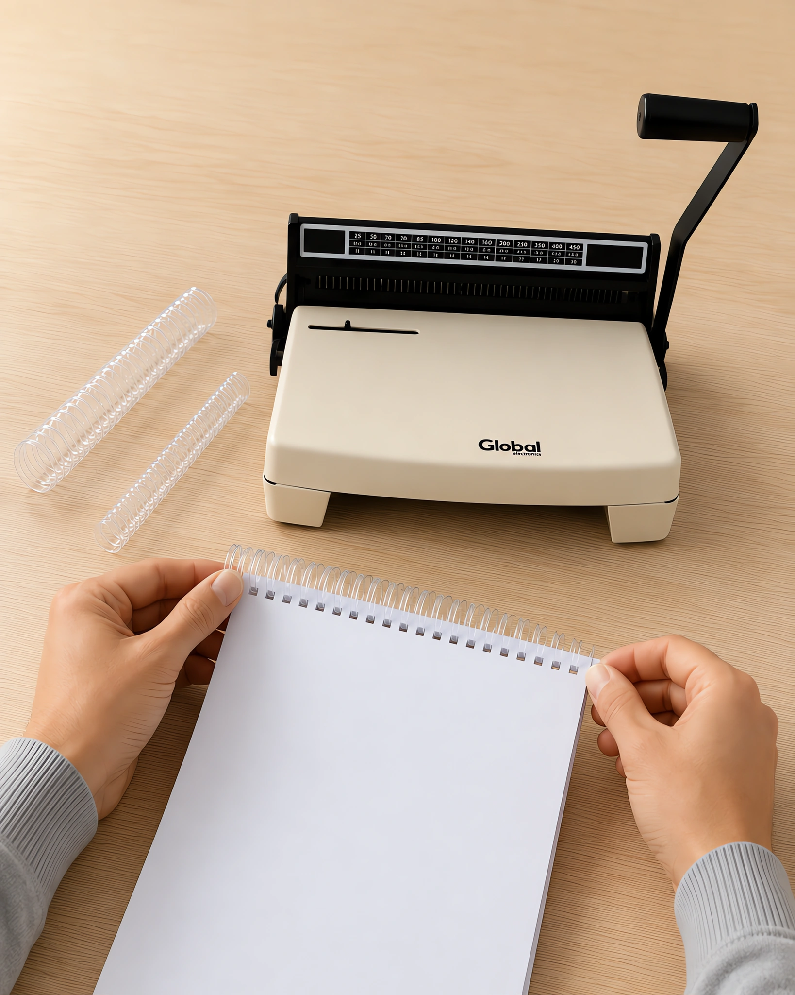 Manos enroscando el espiral plástico en un cuaderno perforado