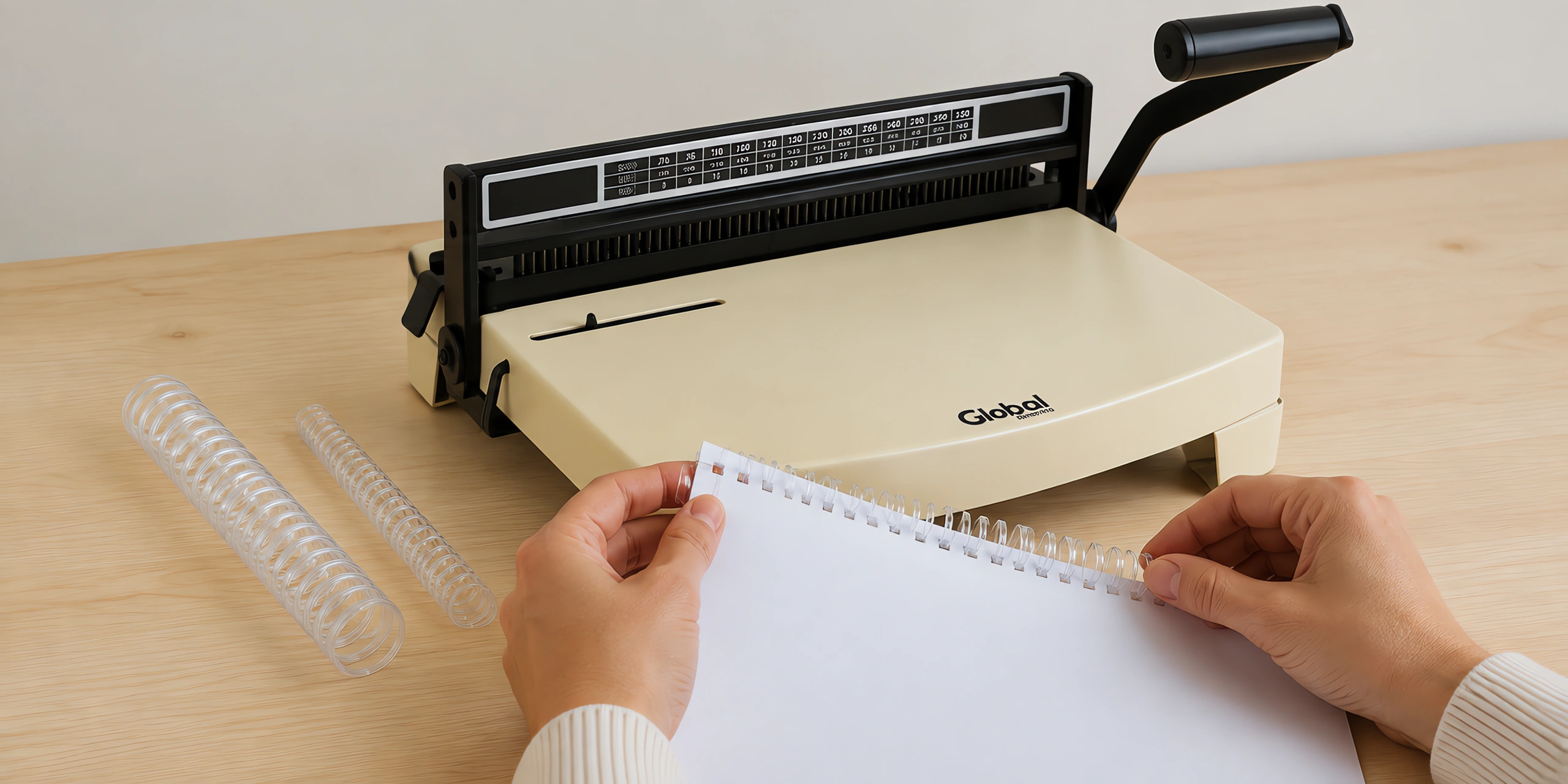 Manos enroscando el espiral plástico en un cuaderno perforado