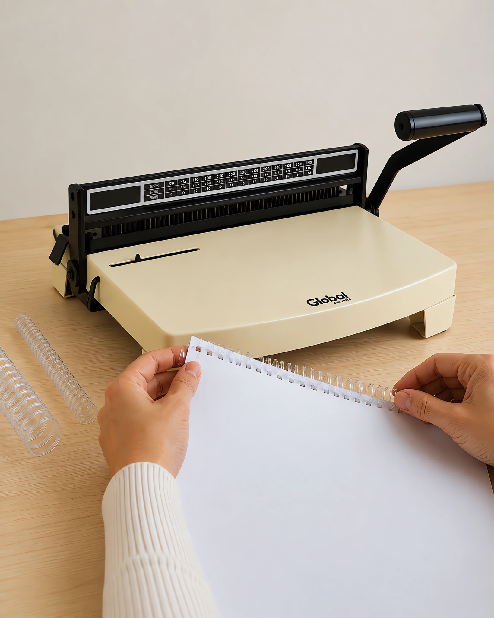 Manos enroscando el espiral plástico en un cuaderno perforado