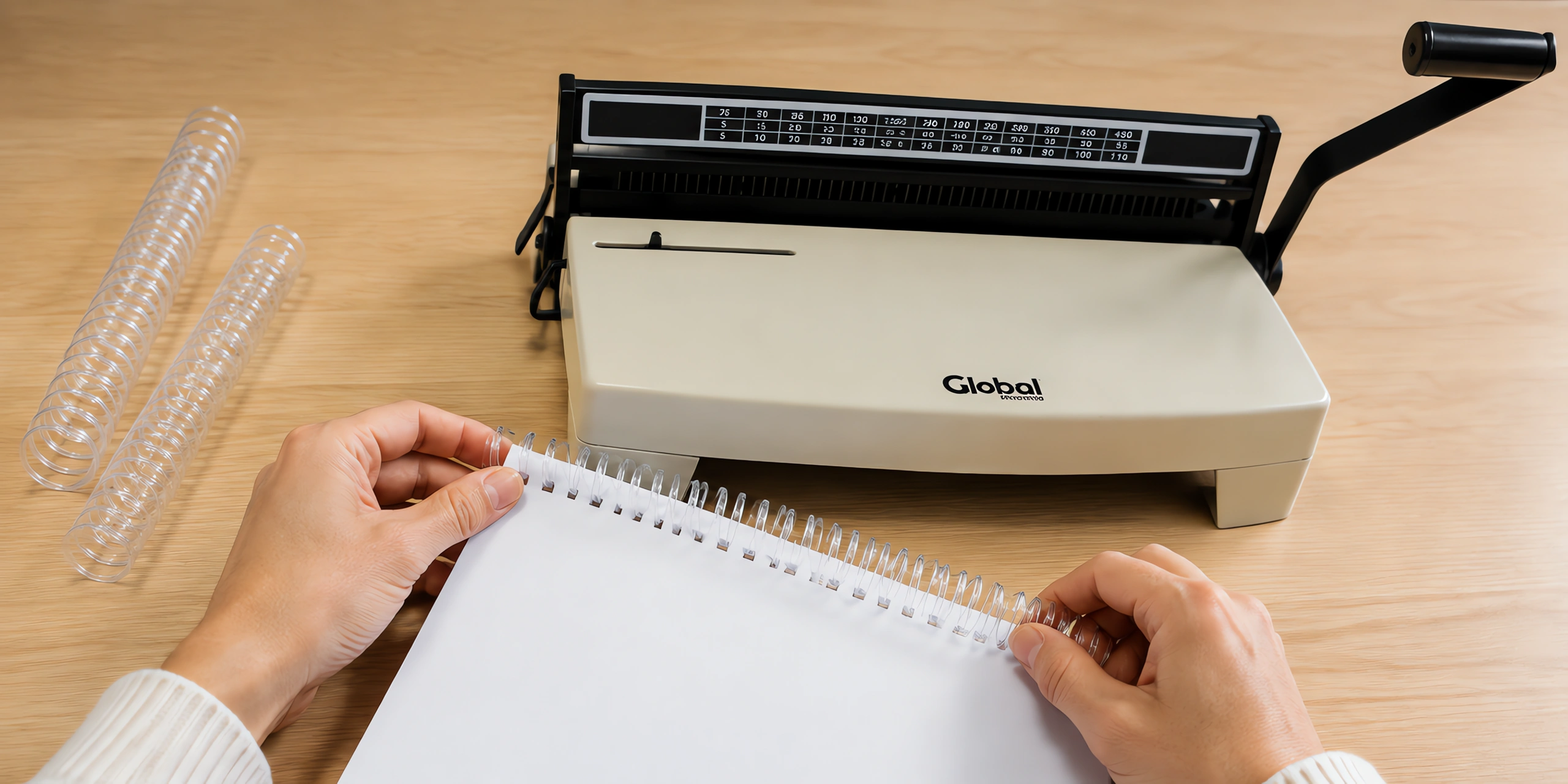 Manos enroscando el espiral plástico en un cuaderno perforado