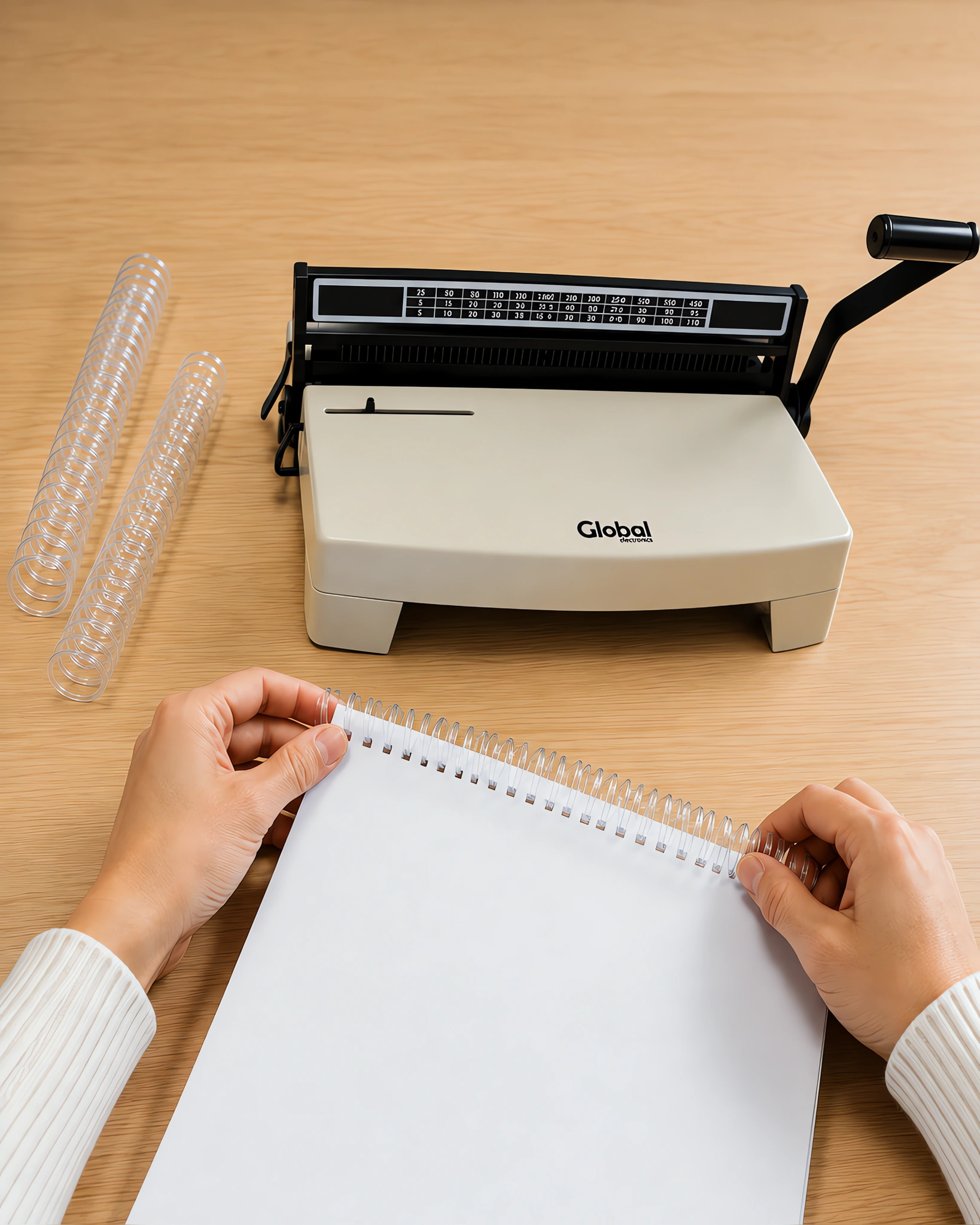 Manos enroscando el espiral plástico en un cuaderno perforado