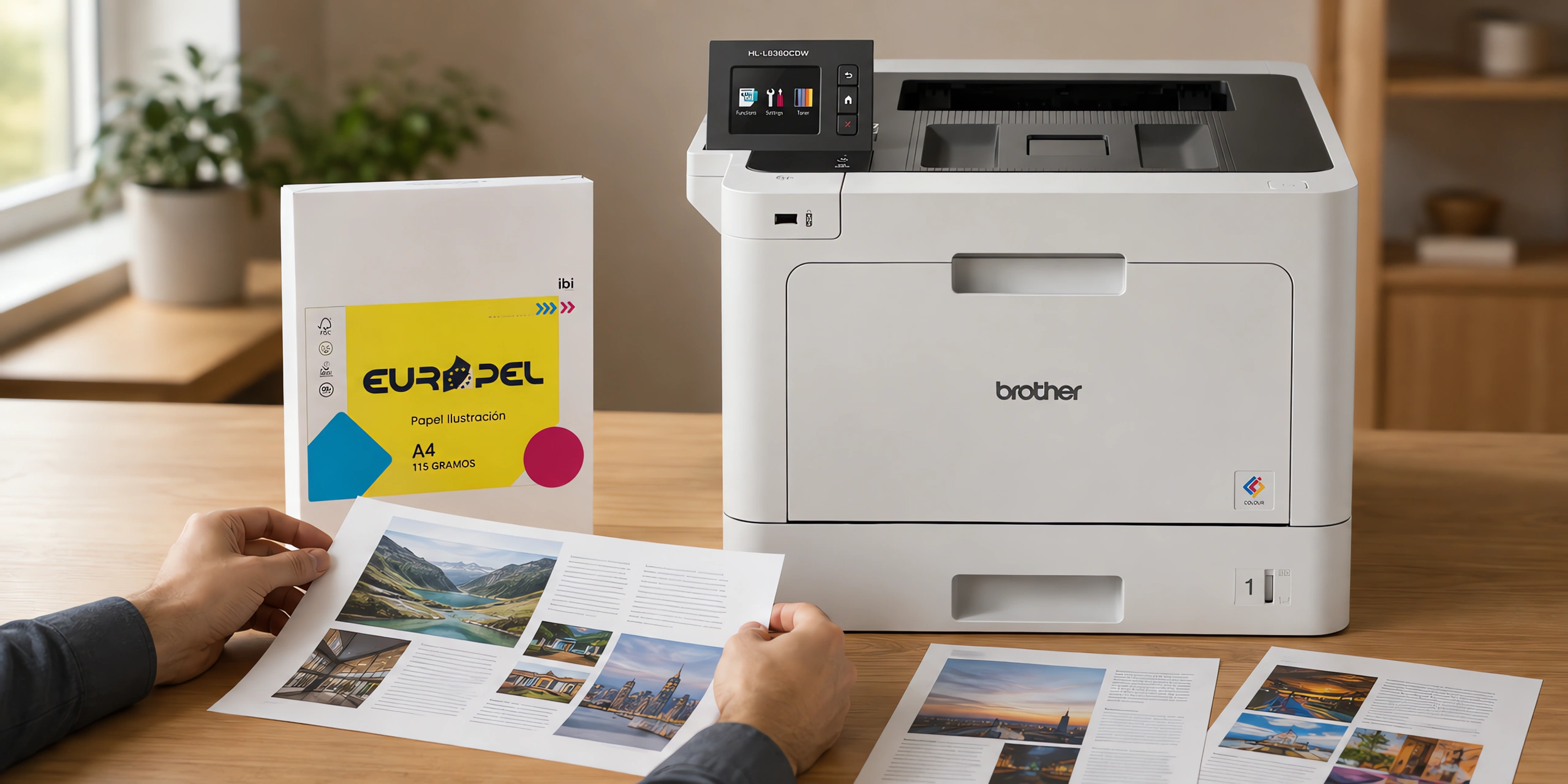 Una página de revista recién impresa saliendo de la láser color, junto al paquete A4 de 115 g