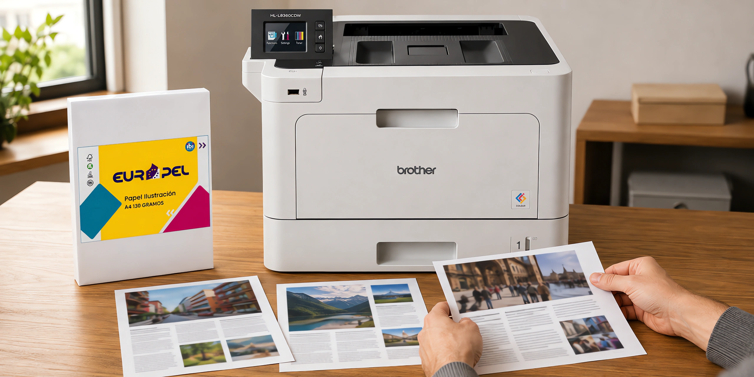 Una página de revista recién impresa saliendo de la láser color, junto al paquete A4 de 130 g