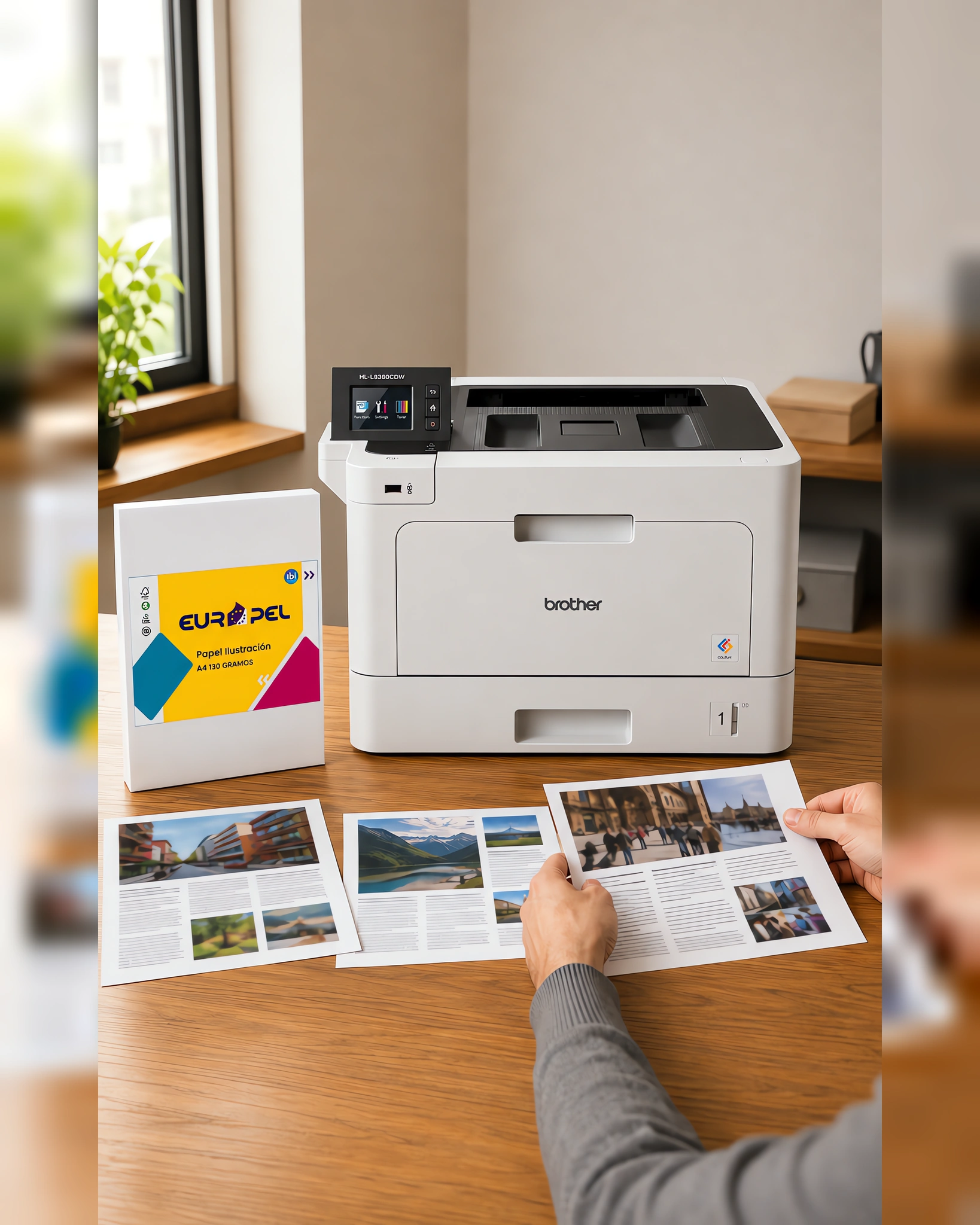 Una página de revista recién impresa saliendo de la láser color, junto al paquete A4 de 130 g