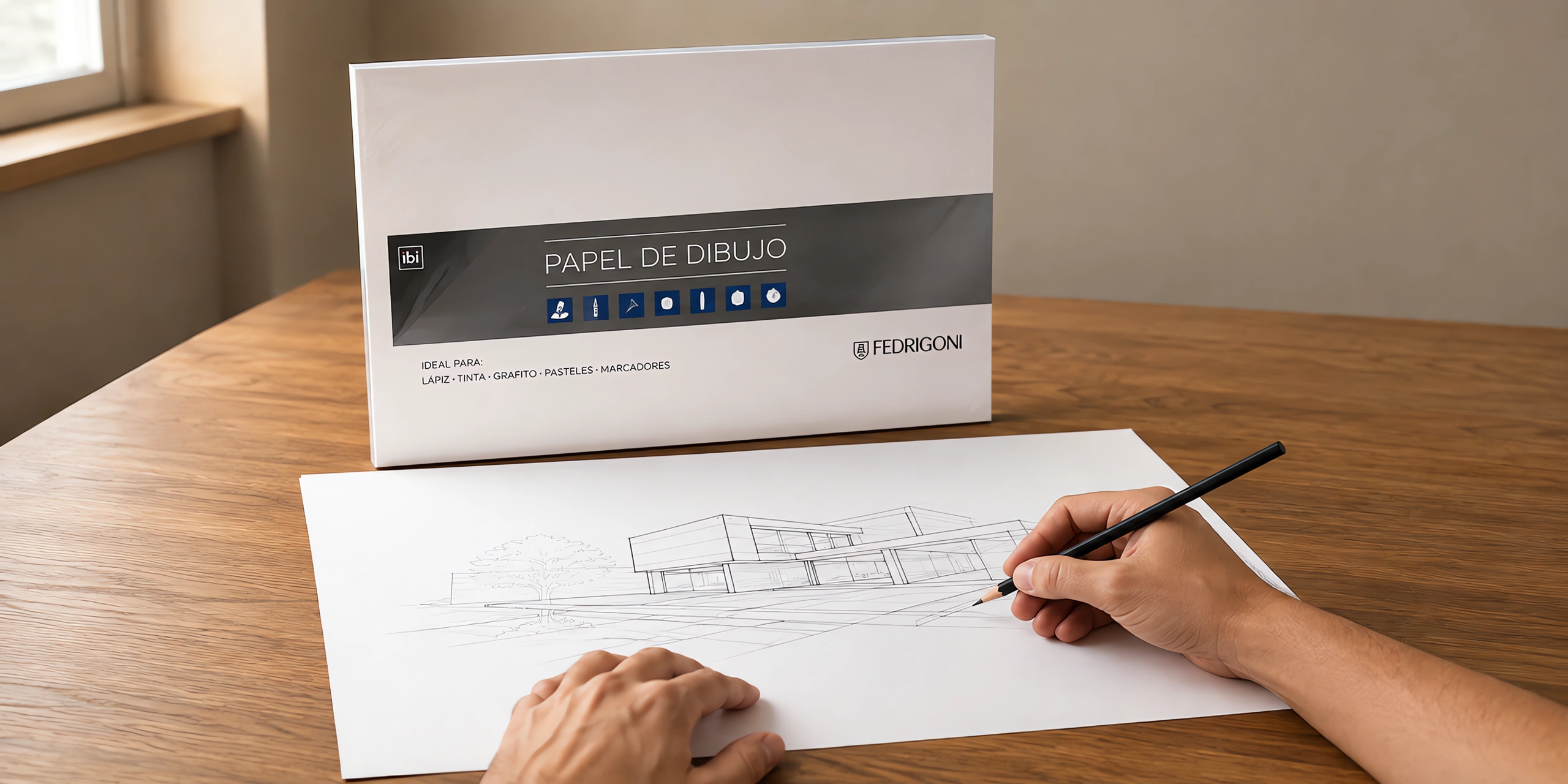 Un dibujo a lápiz sobre papel blanco junto al paquete de papel de dibujo